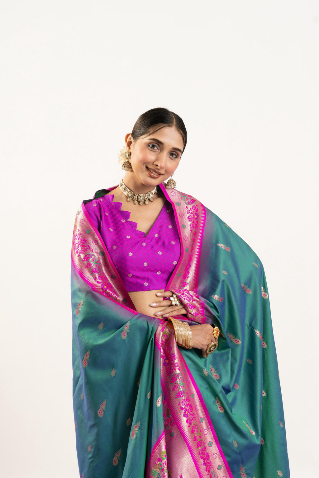 Rama Soft Banarasi Silk Zari Woven Saree with Matching Blouse