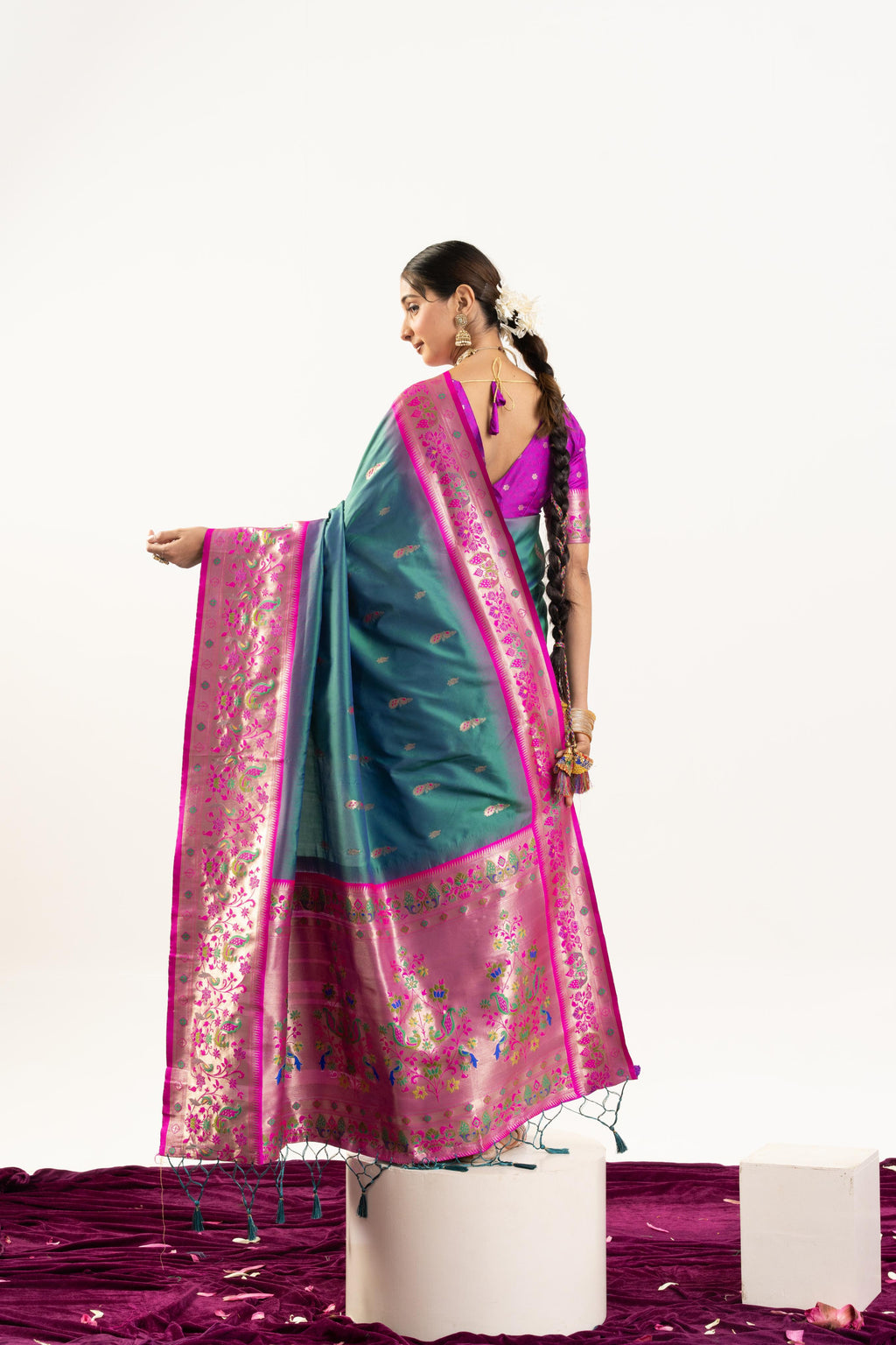 Rama Soft Banarasi Silk Zari Woven Saree with Matching Blouse