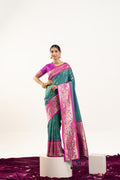 Rama colored soft Banarasi silk saree with detailed gold zari weaving