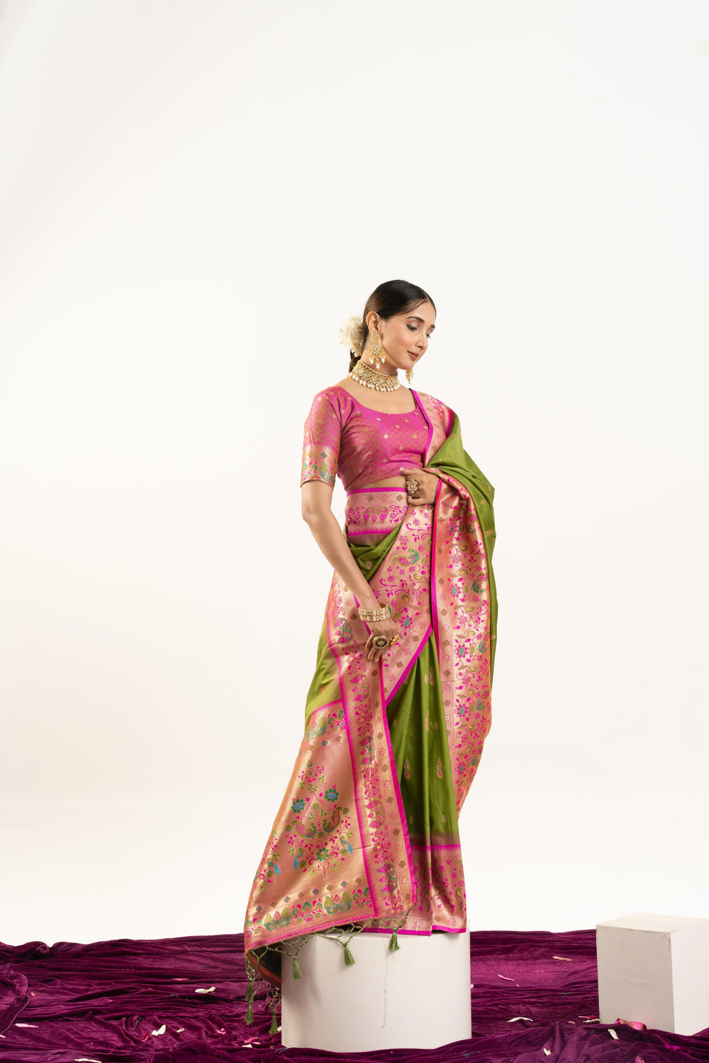 Mehendi colored Banarasi silk saree with gold Zari work