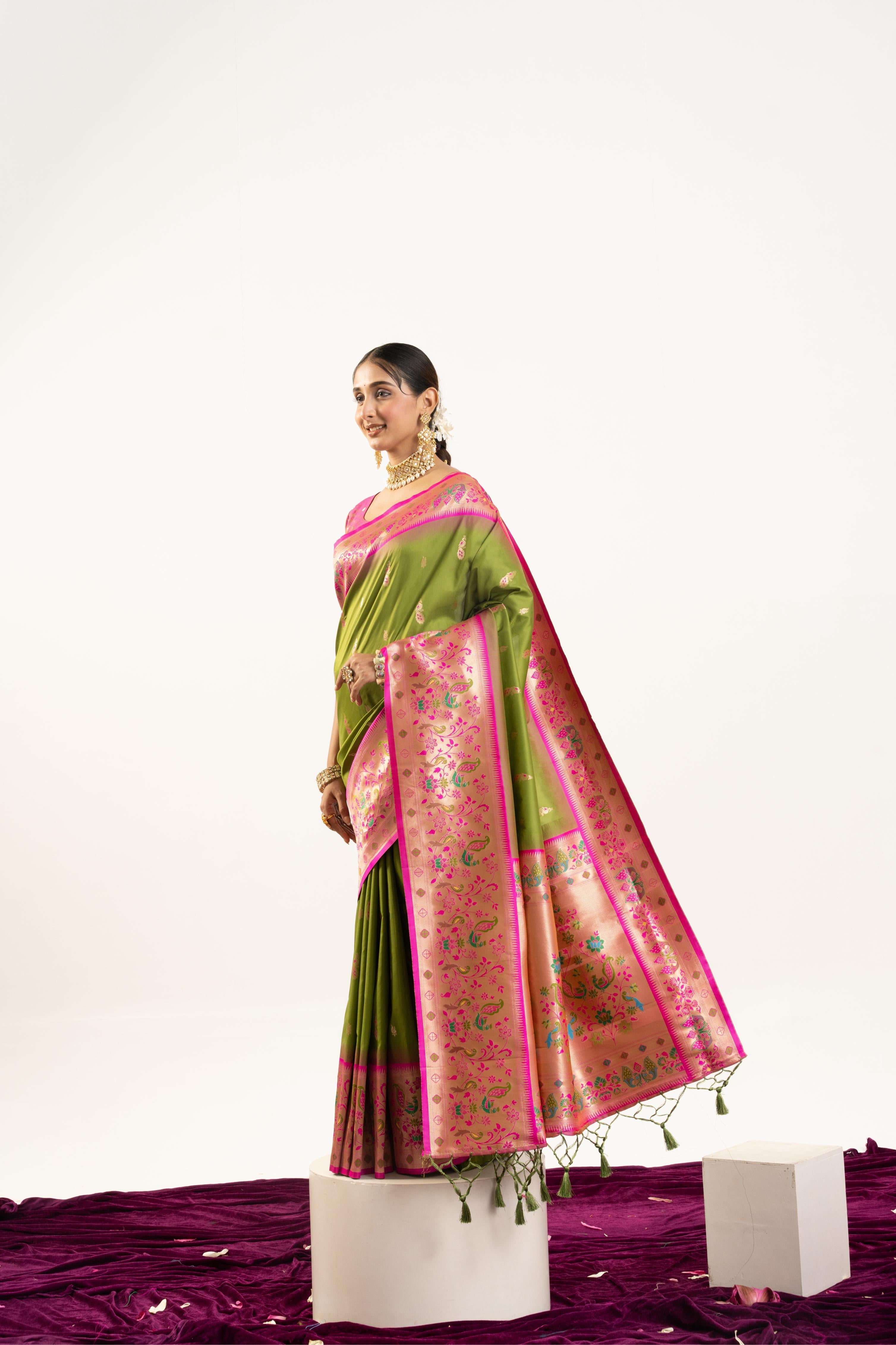 Mehendi Soft Banarasi Silk Zari Woven Saree