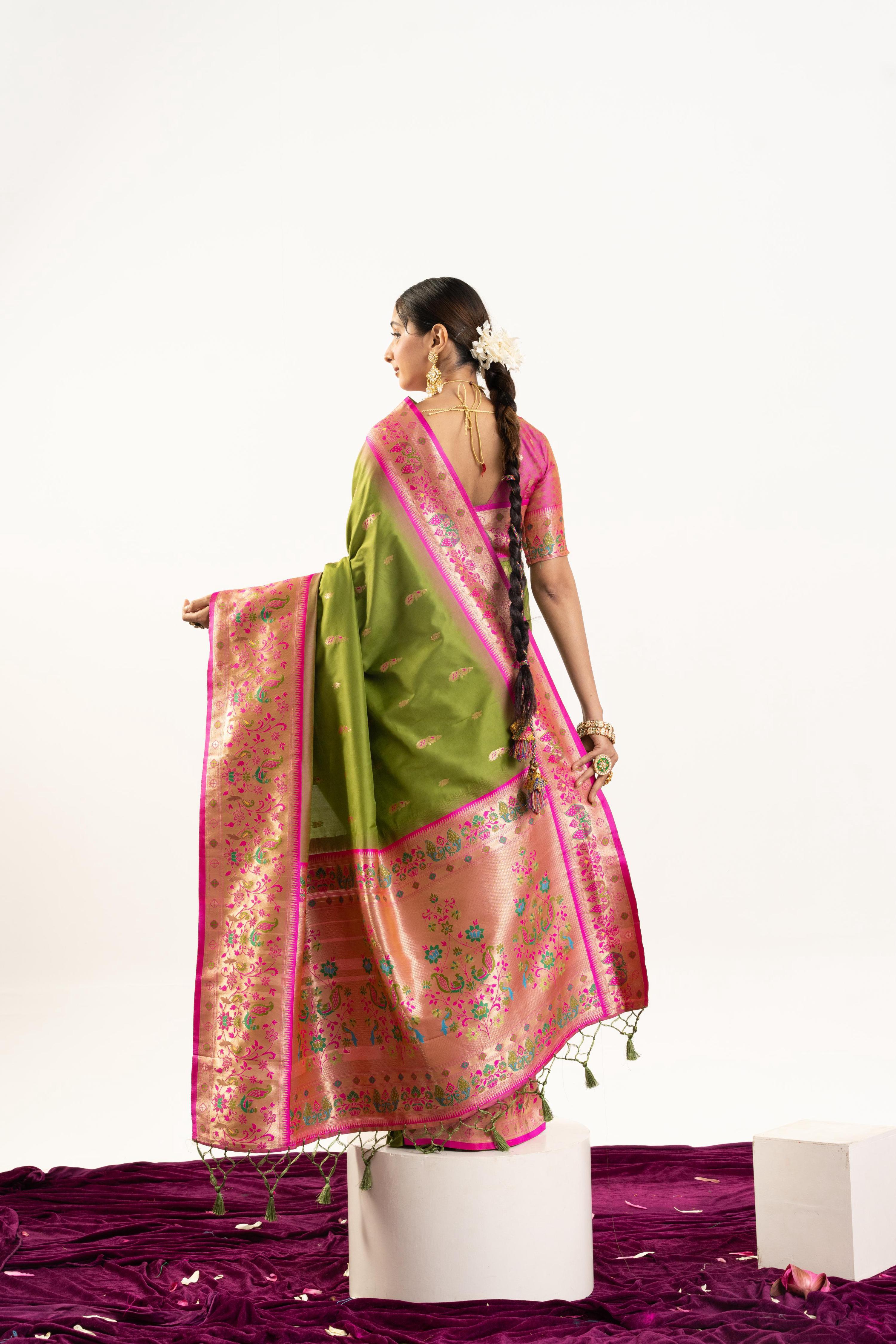 Mehendi Soft Banarasi Silk Zari Woven Saree