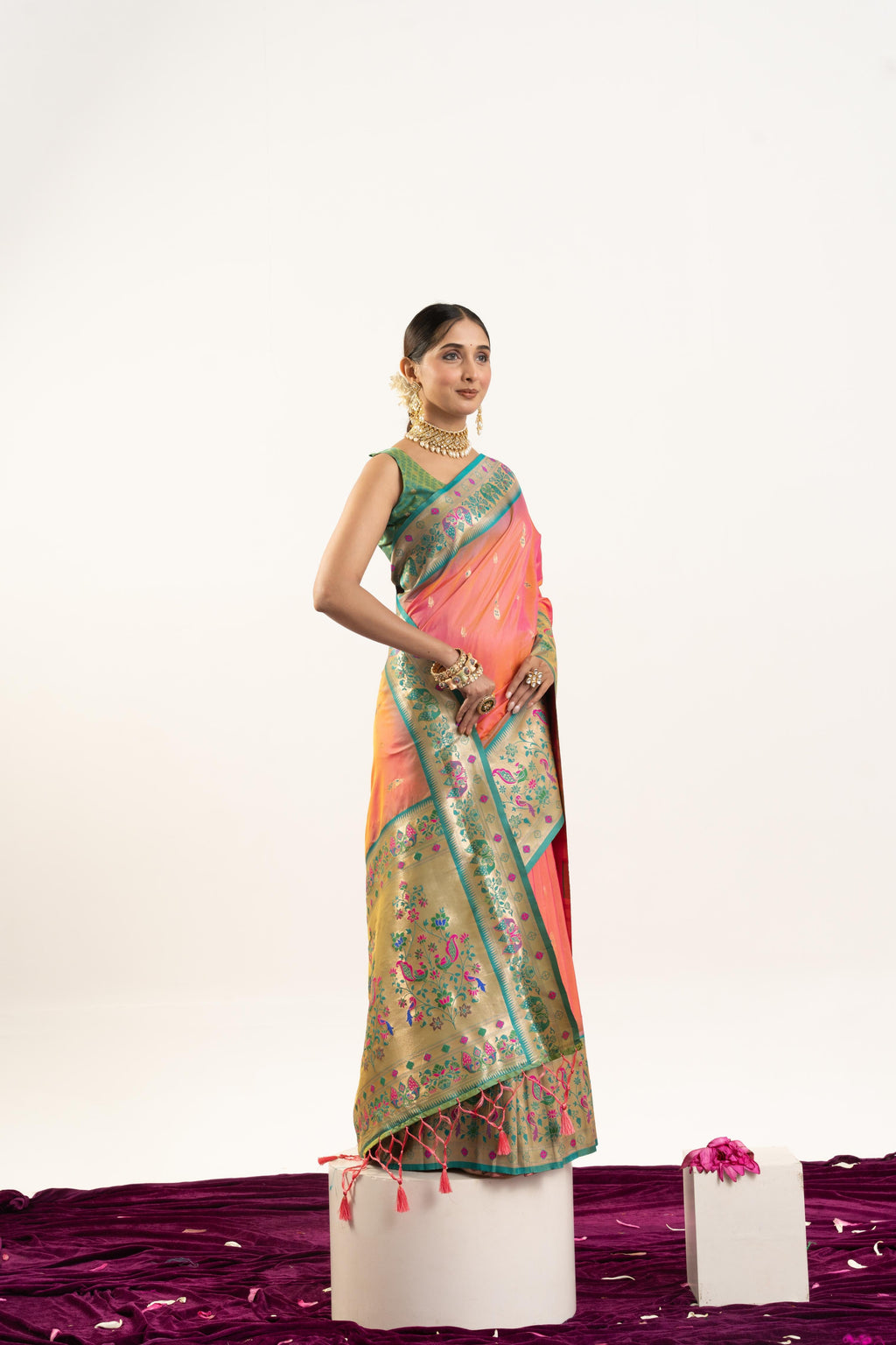 Peach Soft Banarasi Silk Saree with Zari Weave and Blouse