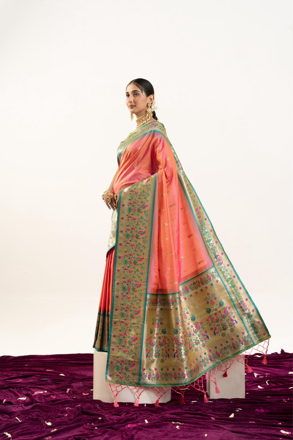 Peach Soft Banarasi Silk Saree with Zari Weave and Blouse