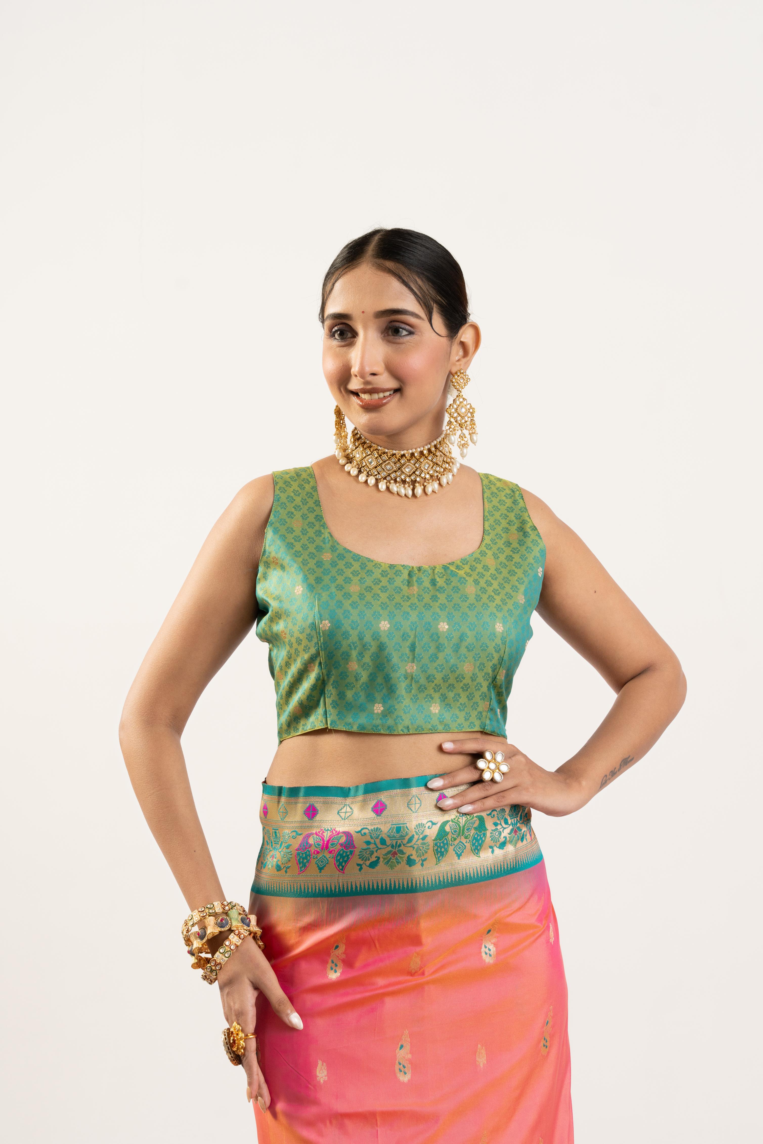 Peach Soft Banarasi Silk Saree with Zari Weave and Blouse