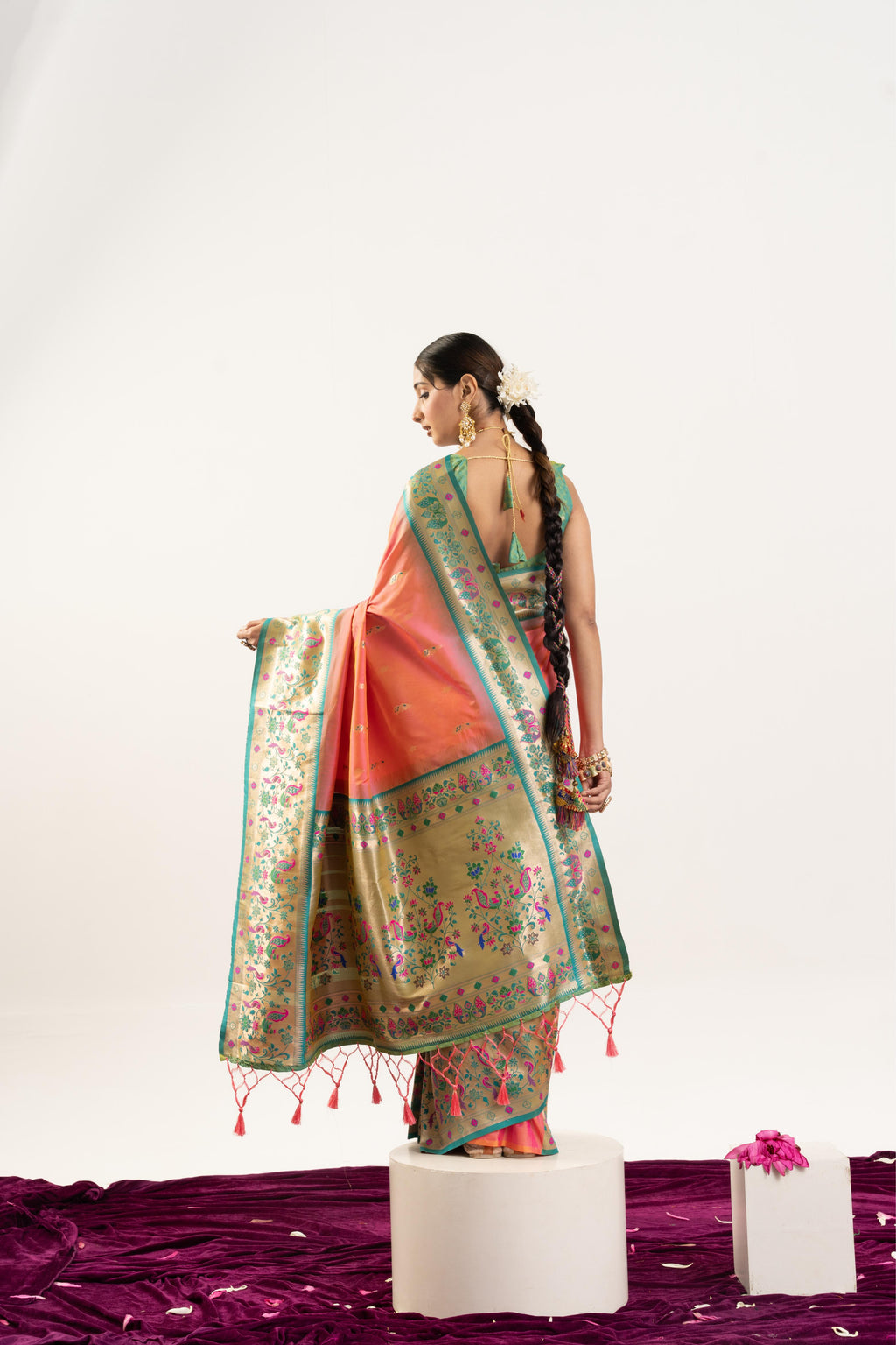 Peach Soft Banarasi Silk Saree with Zari Weave and Blouse
