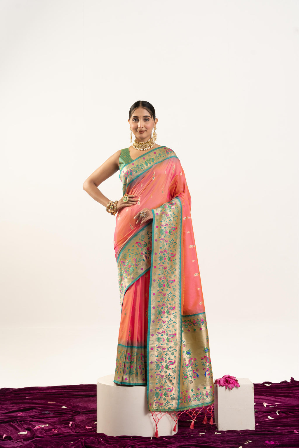 Peach soft Banarasi silk saree with traditional gold Zari woven patterns