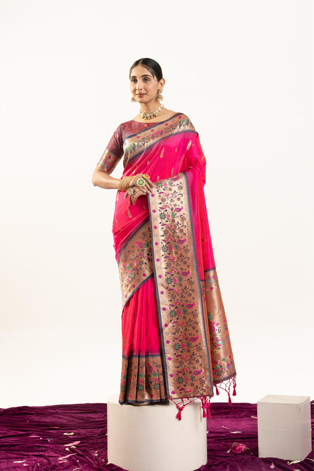 Rani colored soft Banarasi silk saree with traditional gold Zari weave