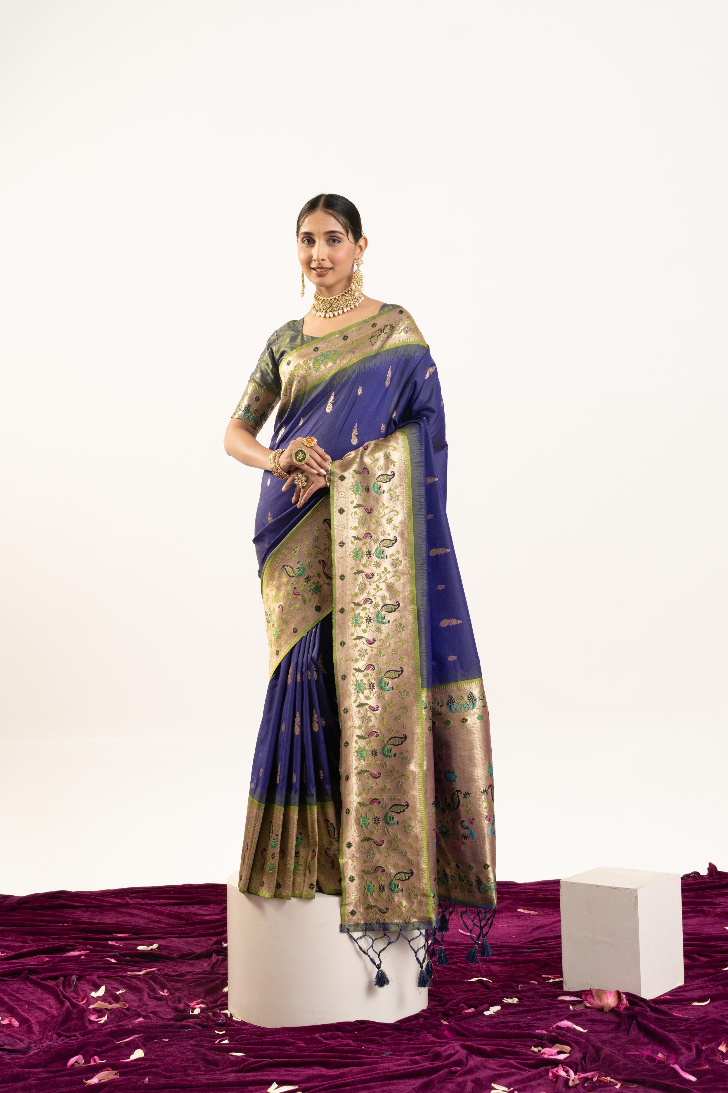 Royal blue soft Banarasi silk saree with traditional zari weaving