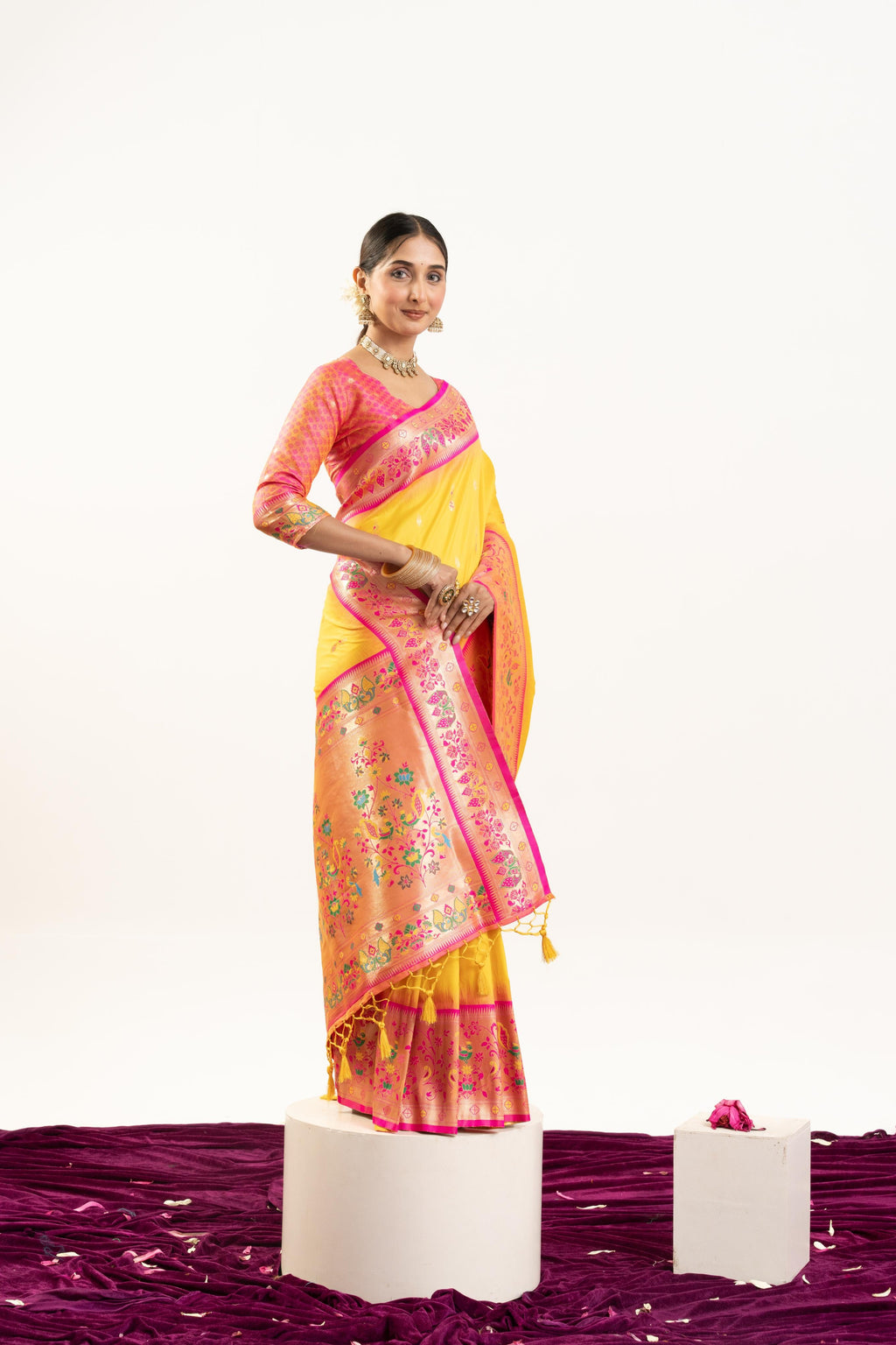 Yellow Soft Banarasi Silk Saree with Zari Woven Border