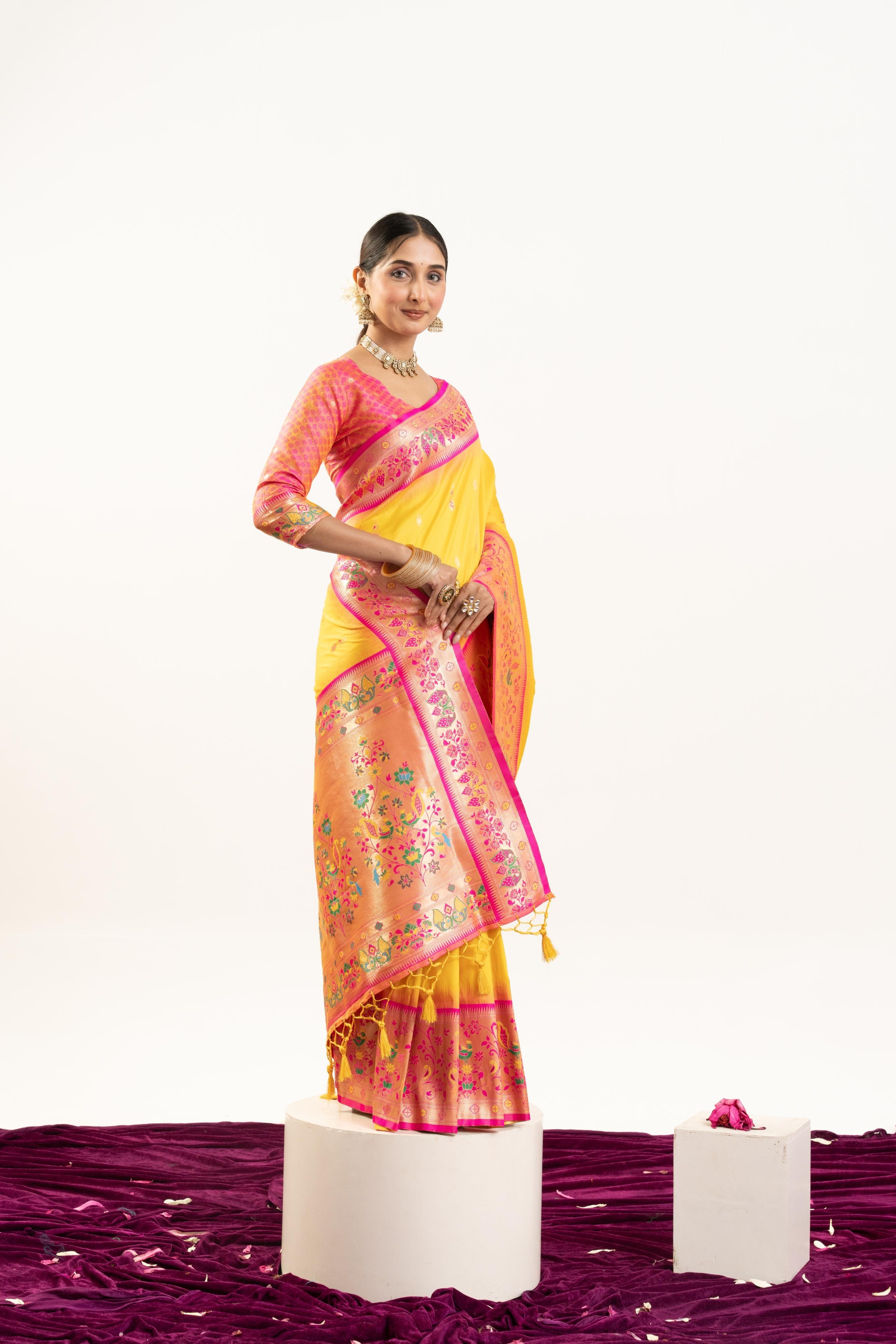 Yellow Soft Banarasi Silk Saree with Zari Woven Border