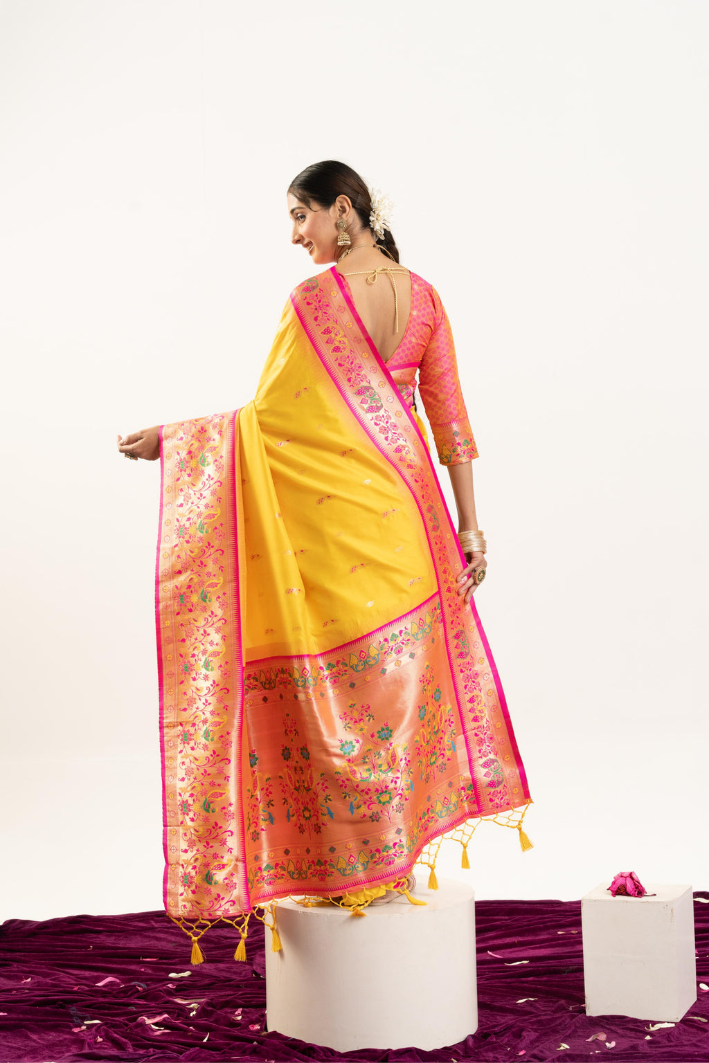 Yellow Soft Banarasi Silk Saree with Zari Woven Border