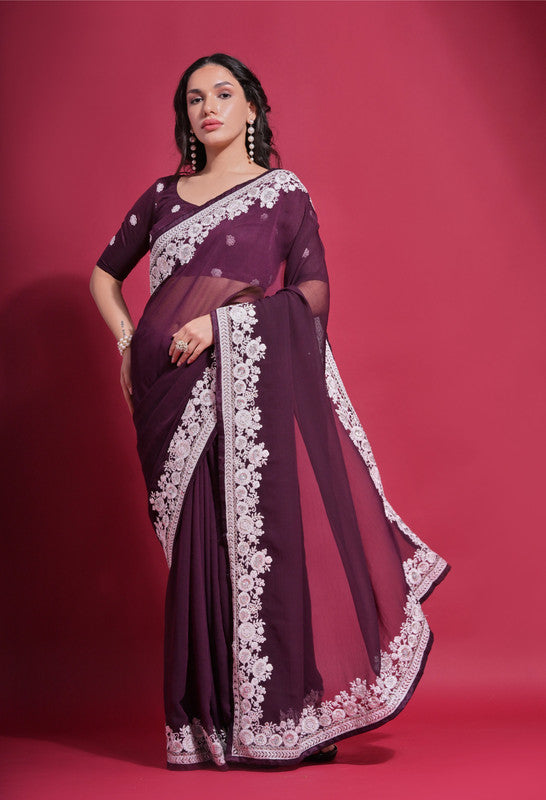 Wine Georgette Saree with Intricate Coding Work and Blouse