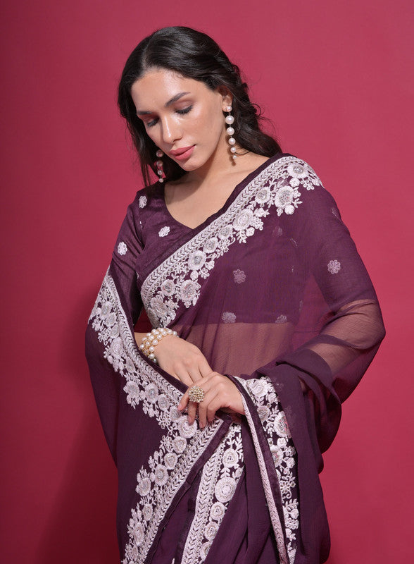 Wine Georgette Saree with Intricate Coding Work and Blouse