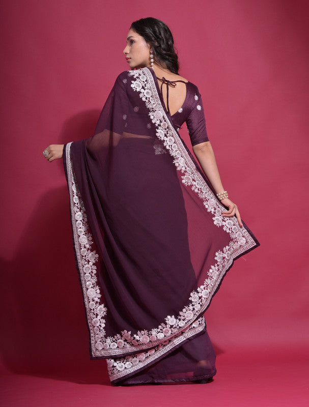 Wine Georgette Saree with Intricate Coding Work and Blouse