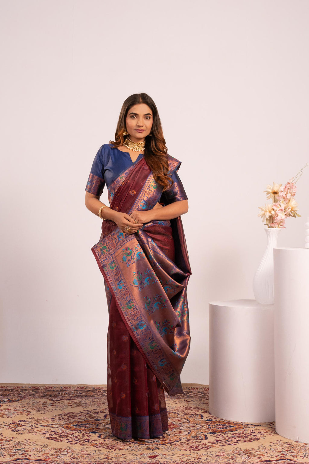 Coffee Soft Tissue Silk Saree with Zari Woven Border and Blouse