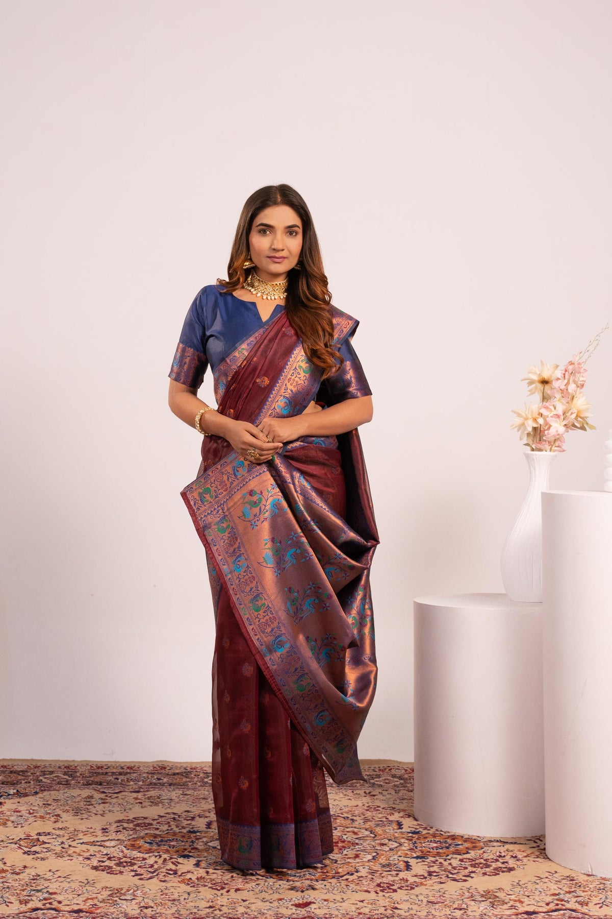Coffee Soft Tissue Silk Saree with Zari Woven Border and Blouse