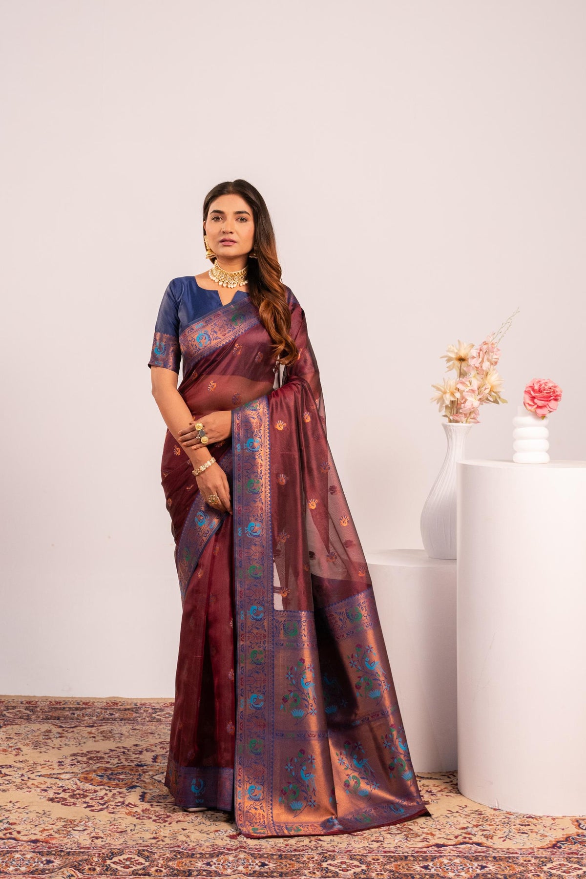 Coffee Soft Tissue Silk Saree with Zari Woven Border and Blouse