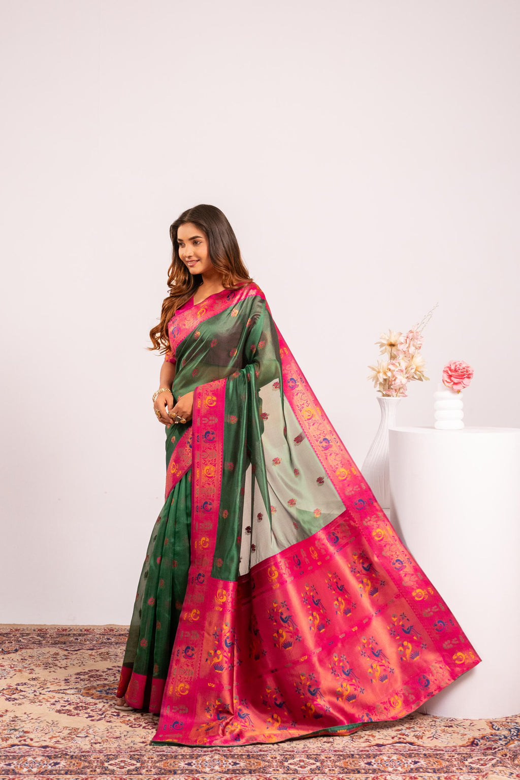 Green Soft Tissue Silk Saree with Zari Woven Detail and Blouse