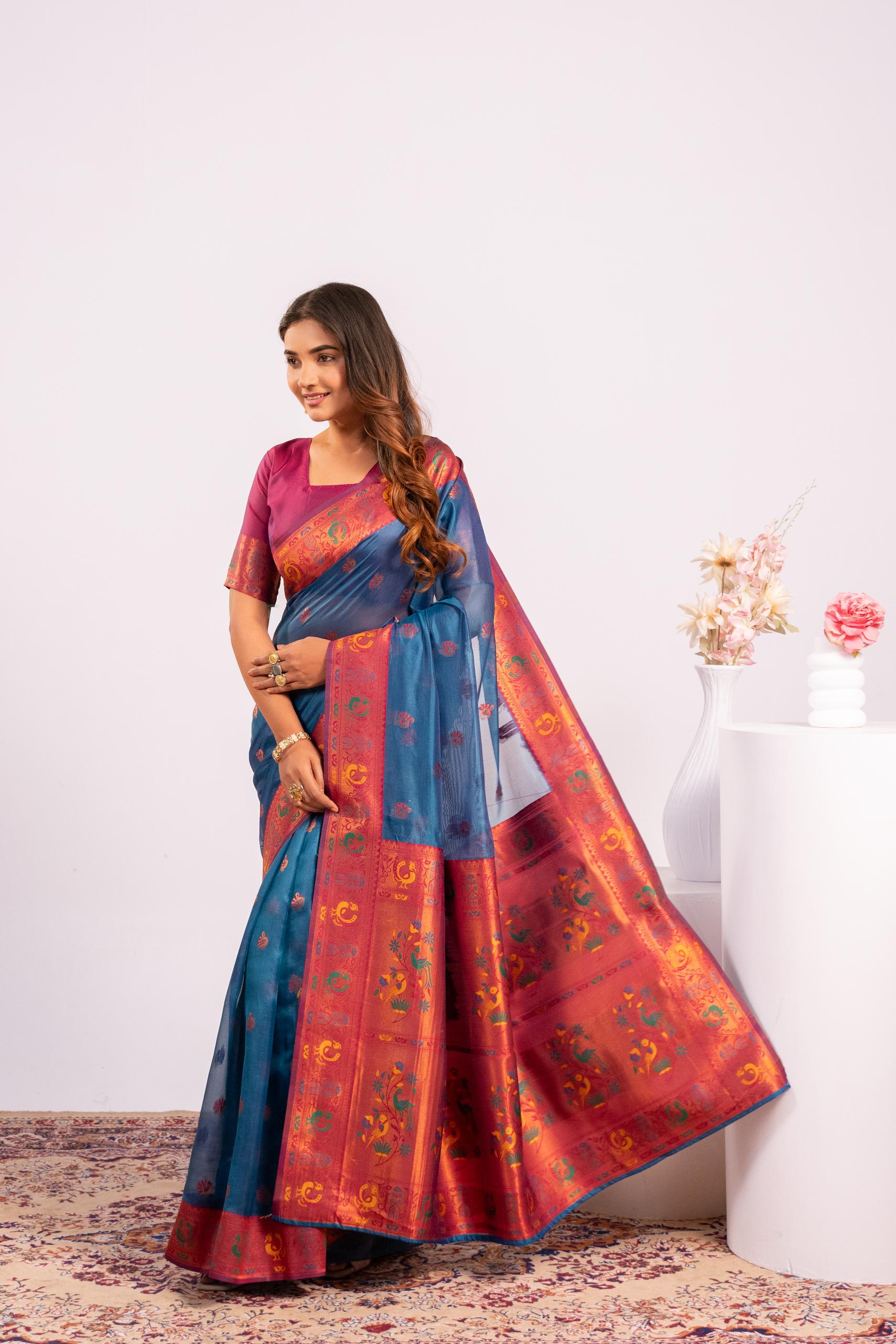Rama Soft Tissue Silk Saree with Zari Woven Details