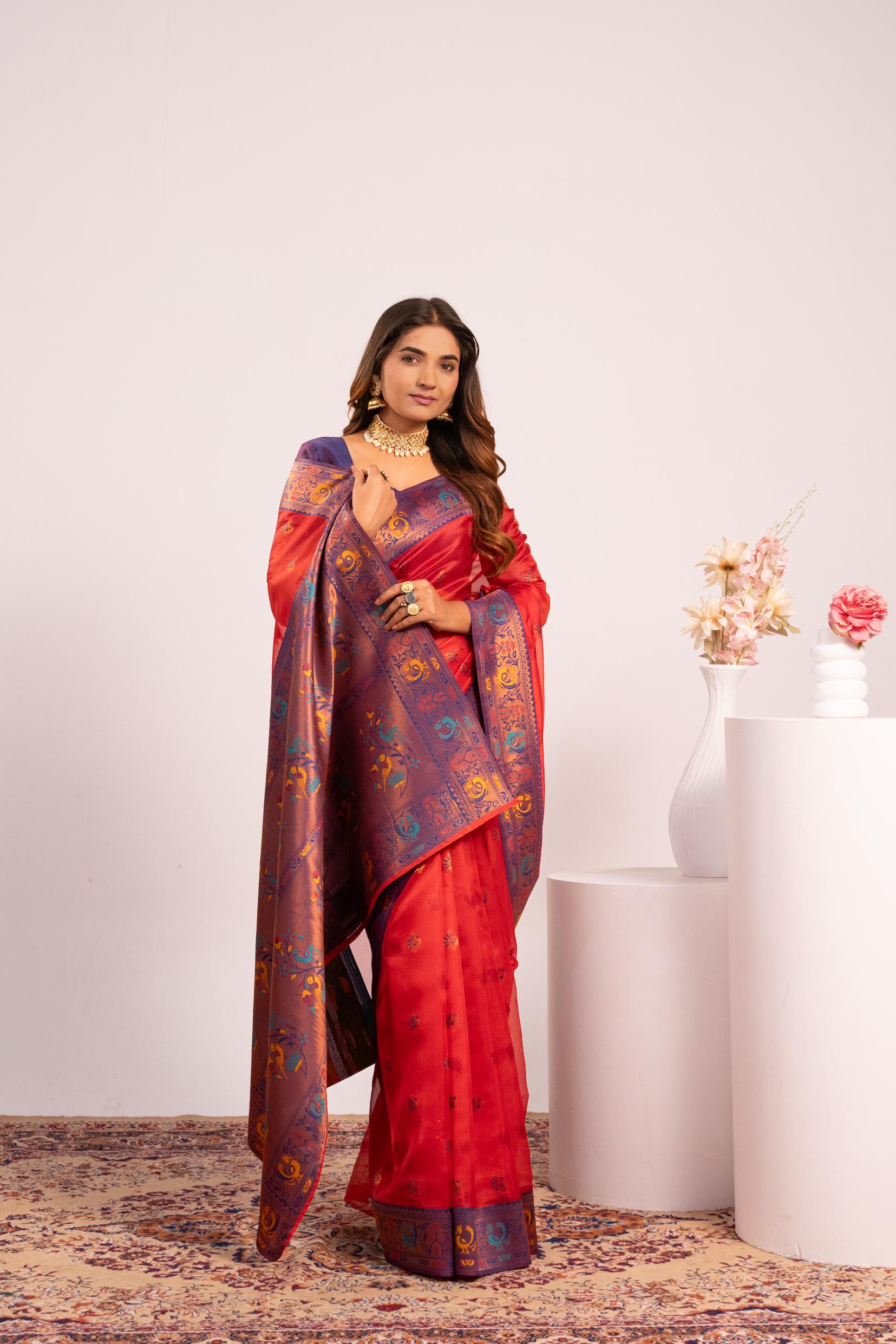 Red Soft Tissue Silk Zari Woven Saree with Matching Blouse
