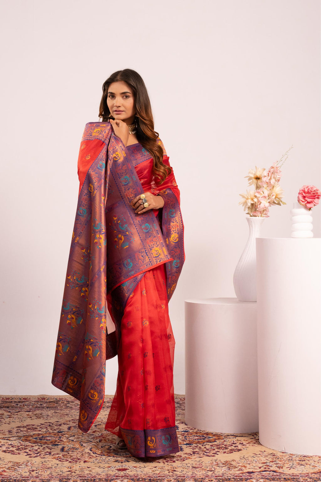 Red Soft Tissue Silk Zari Woven Saree with Matching Blouse