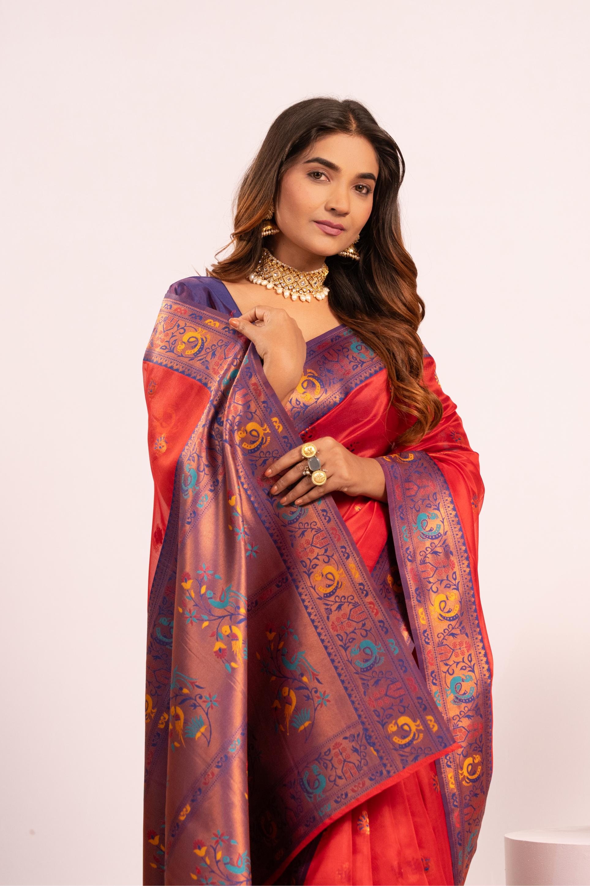 Red Soft Tissue Silk Zari Woven Saree with Matching Blouse