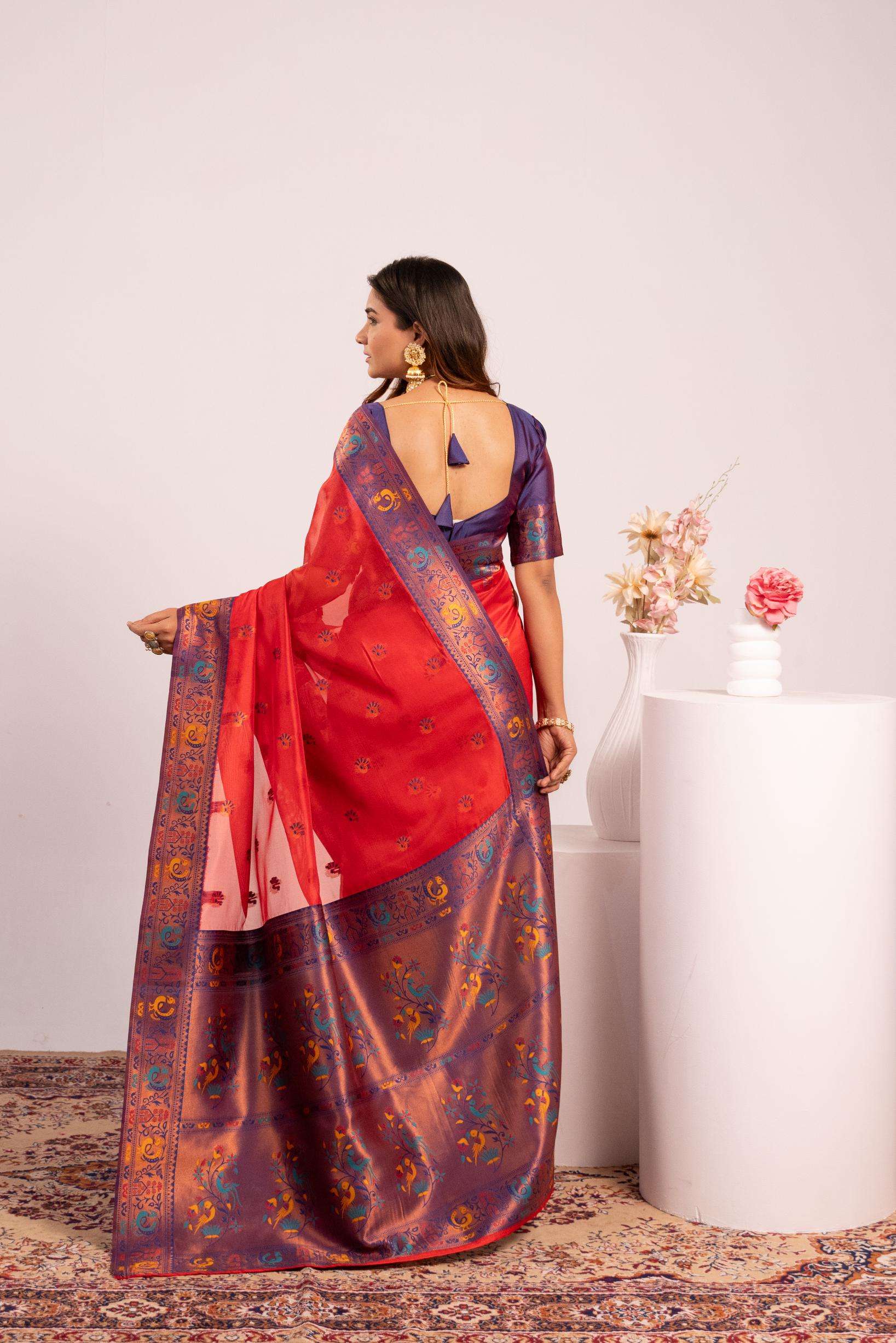 Red Soft Tissue Silk Zari Woven Saree with Matching Blouse