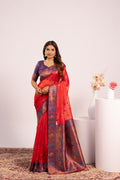 Red soft tissue silk saree with intricate Zari woven patterns