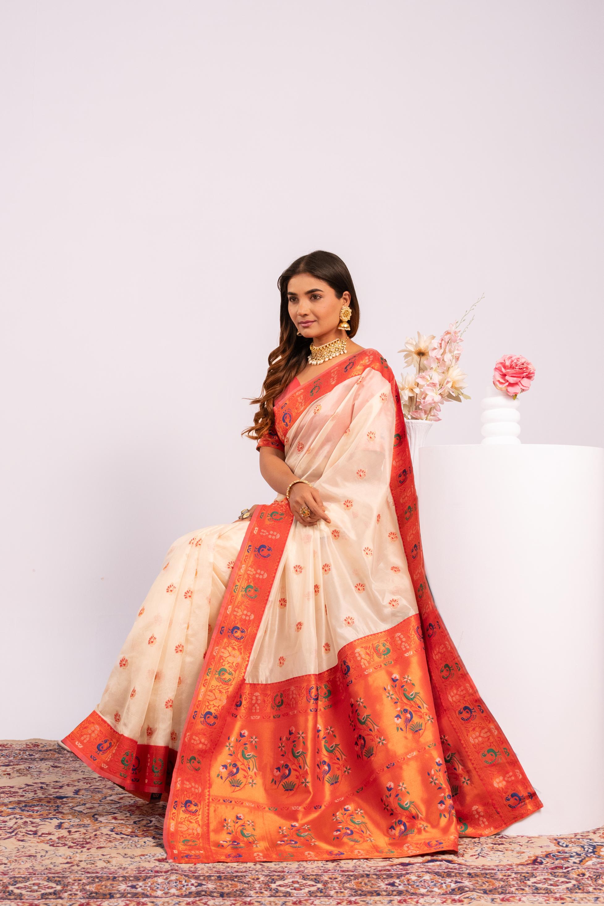 White Soft Tissue Silk Zari Woven Saree with Blouse
