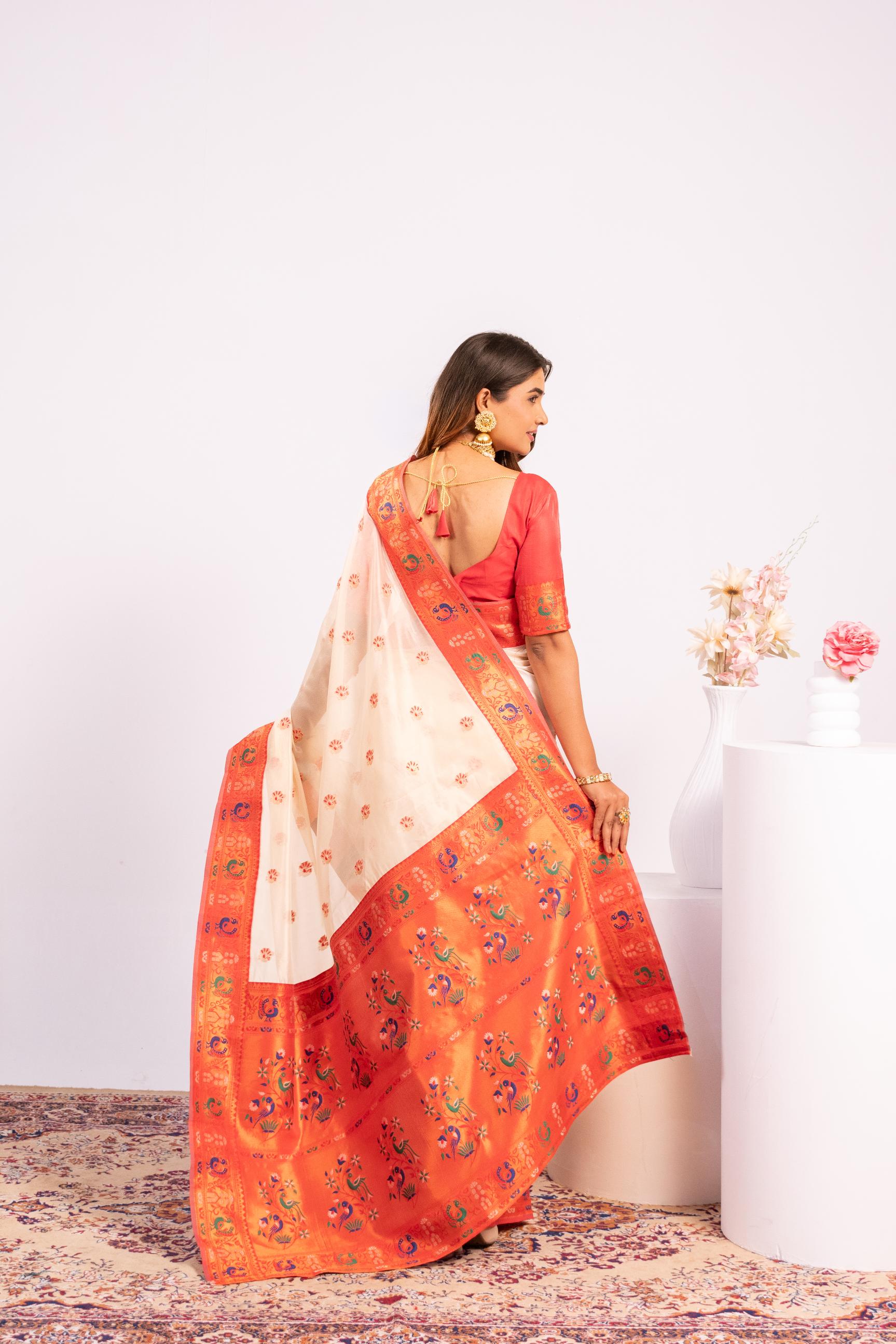 White Soft Tissue Silk Zari Woven Saree with Blouse