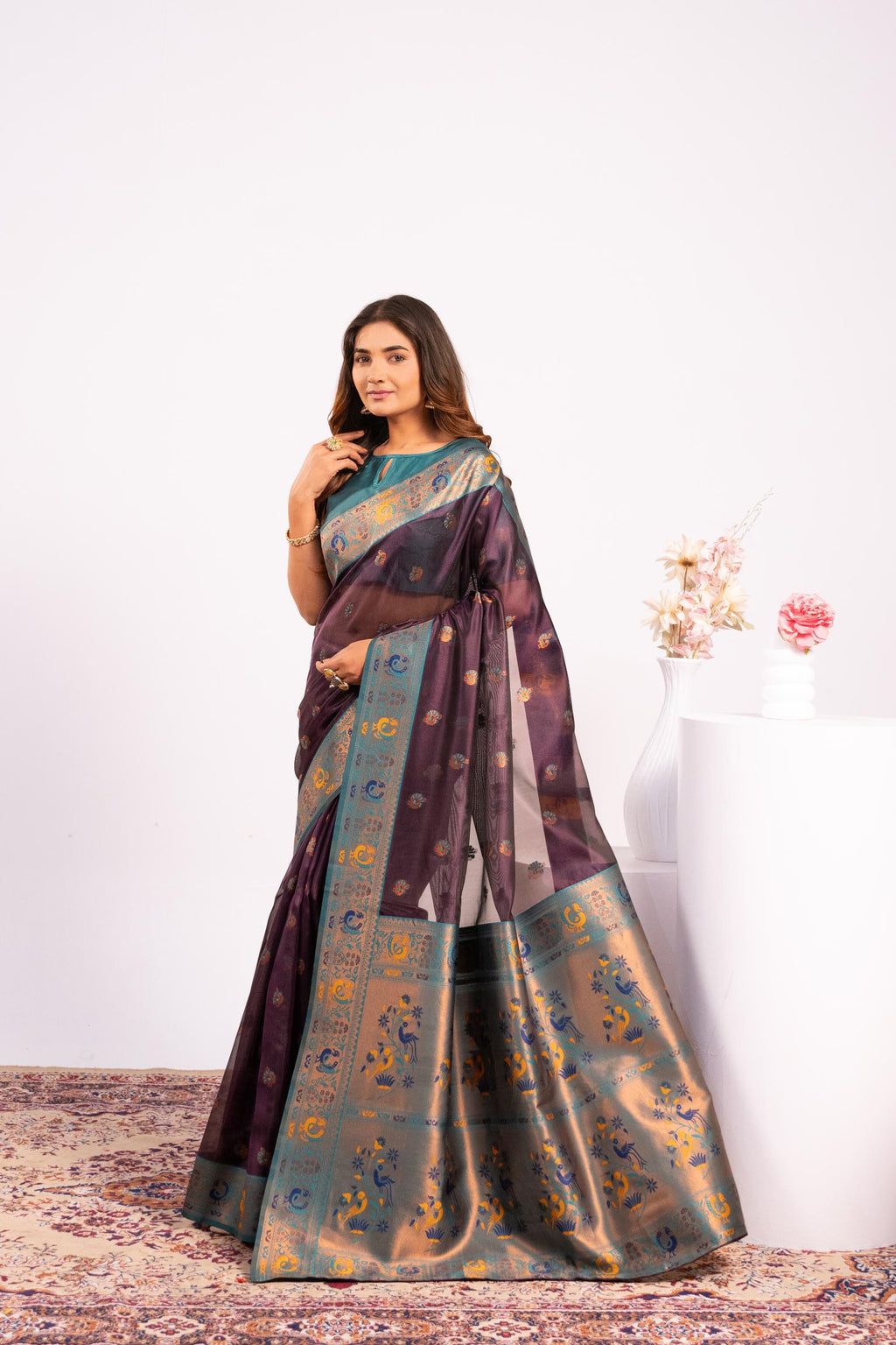 Wine Soft Tissue Silk Zari Woven Saree with Matching Blouse