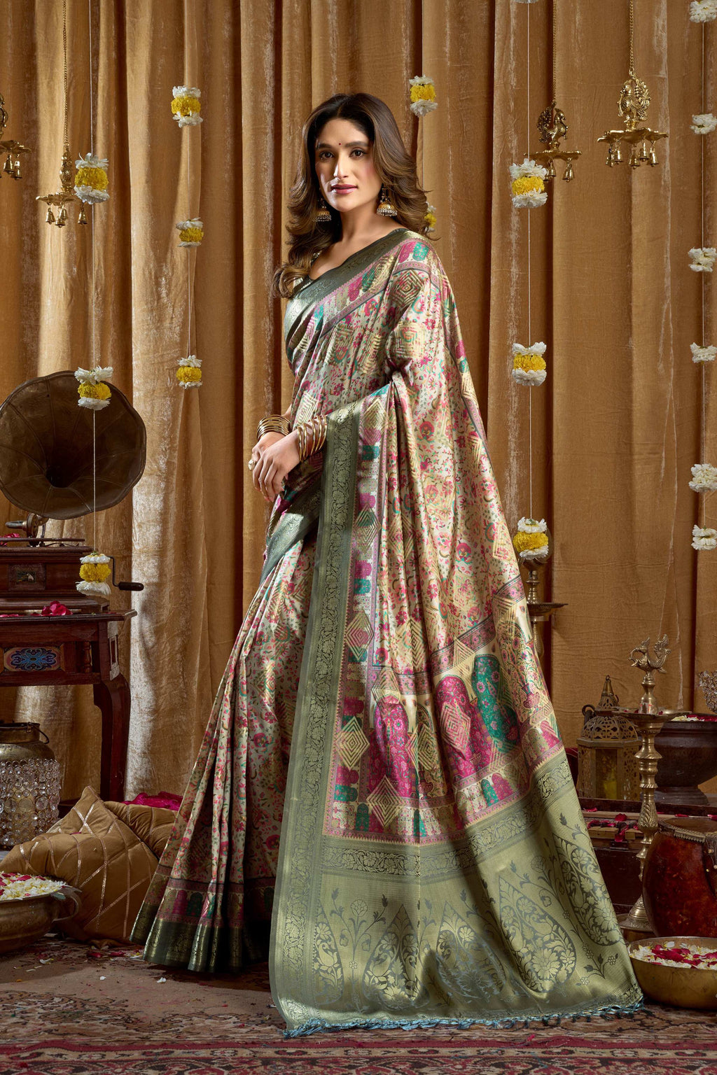 Sea Green Banarasi Digital Cluster Print Saree with Tassels