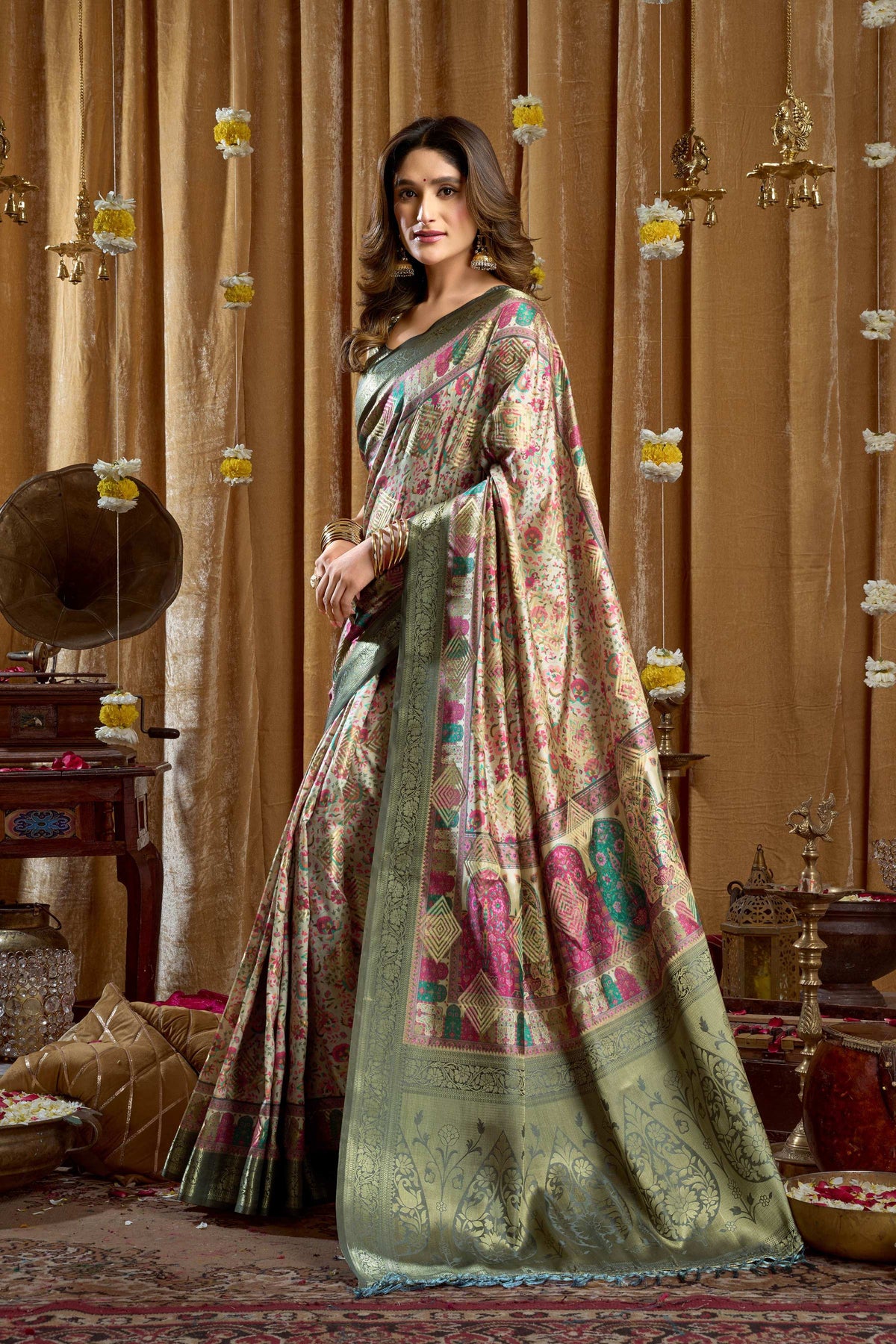 Sea Green Banarasi Digital Cluster Print Saree with Tassels