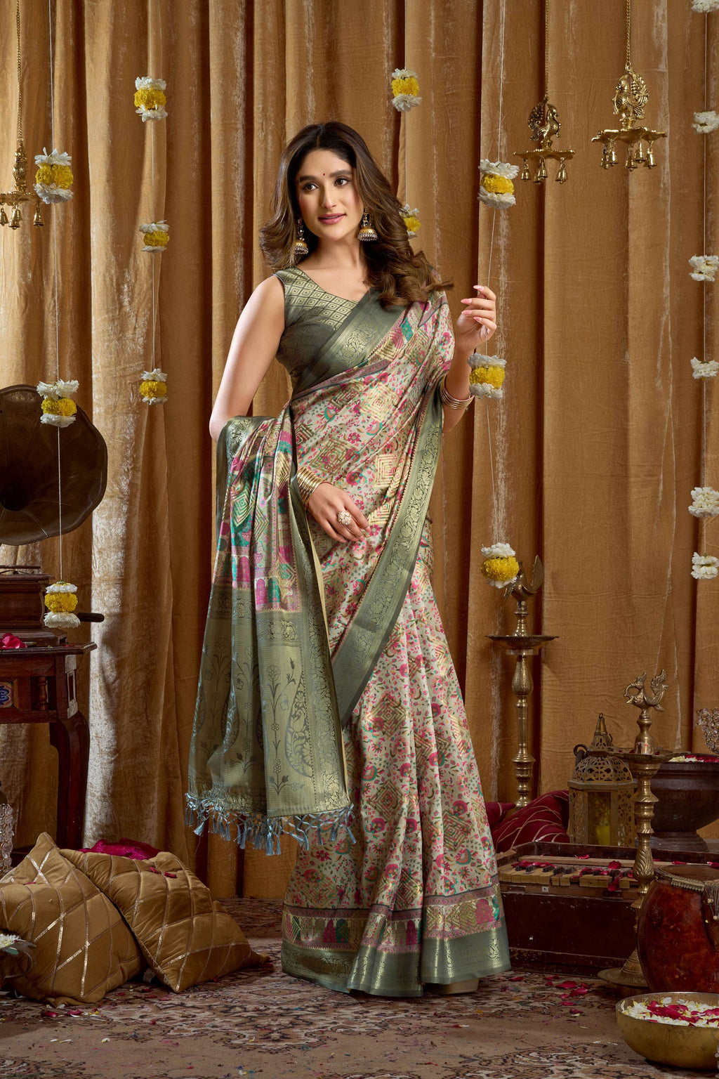 Sea Green Banarasi Digital Cluster Print Saree with Tassels