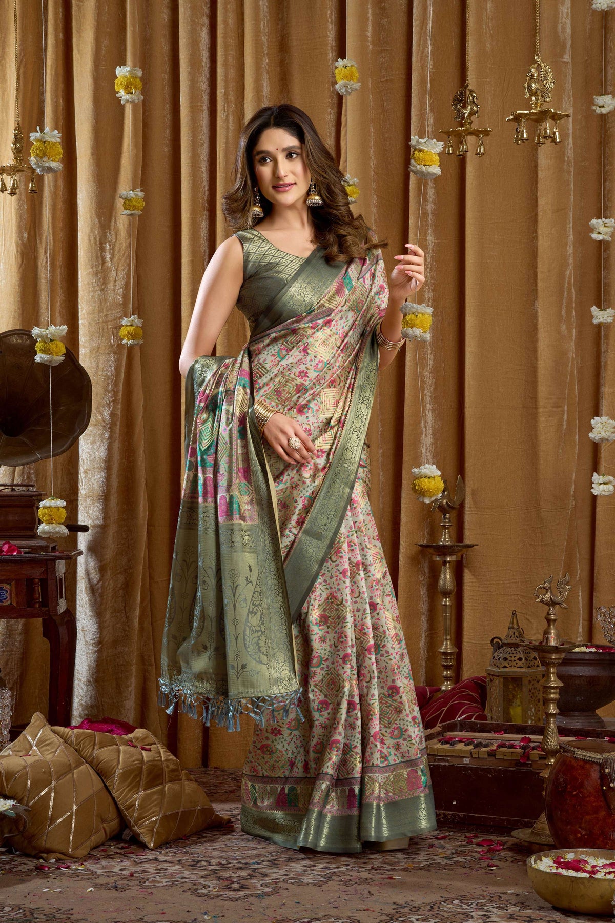 Sea Green Banarasi Digital Cluster Print Saree with Tassels