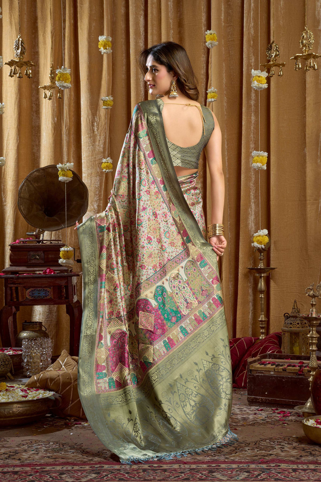Sea Green Banarasi Digital Cluster Print Saree with Tassels