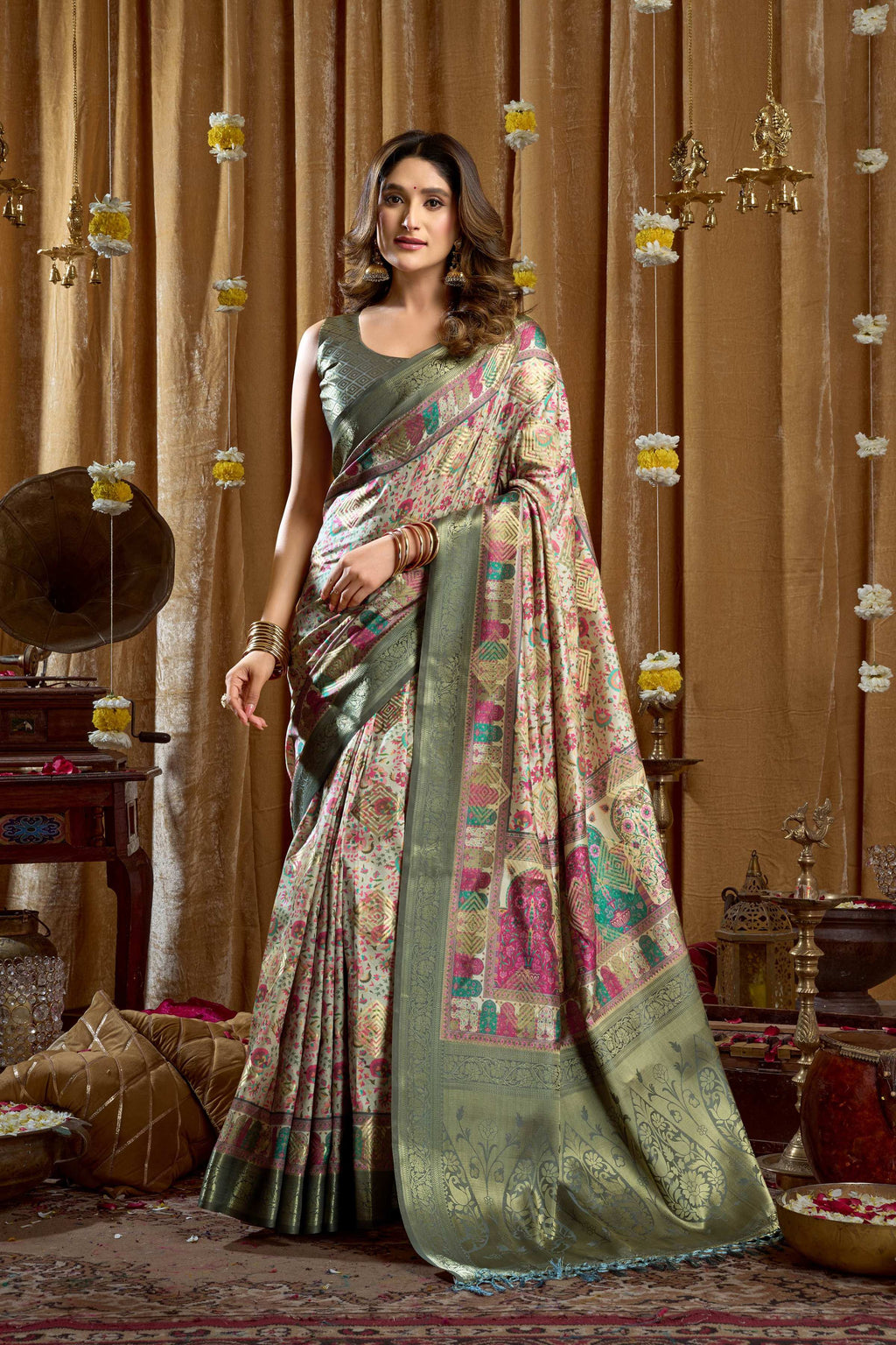 Sea green Banarasi saree with digital cluster prints and tassel details