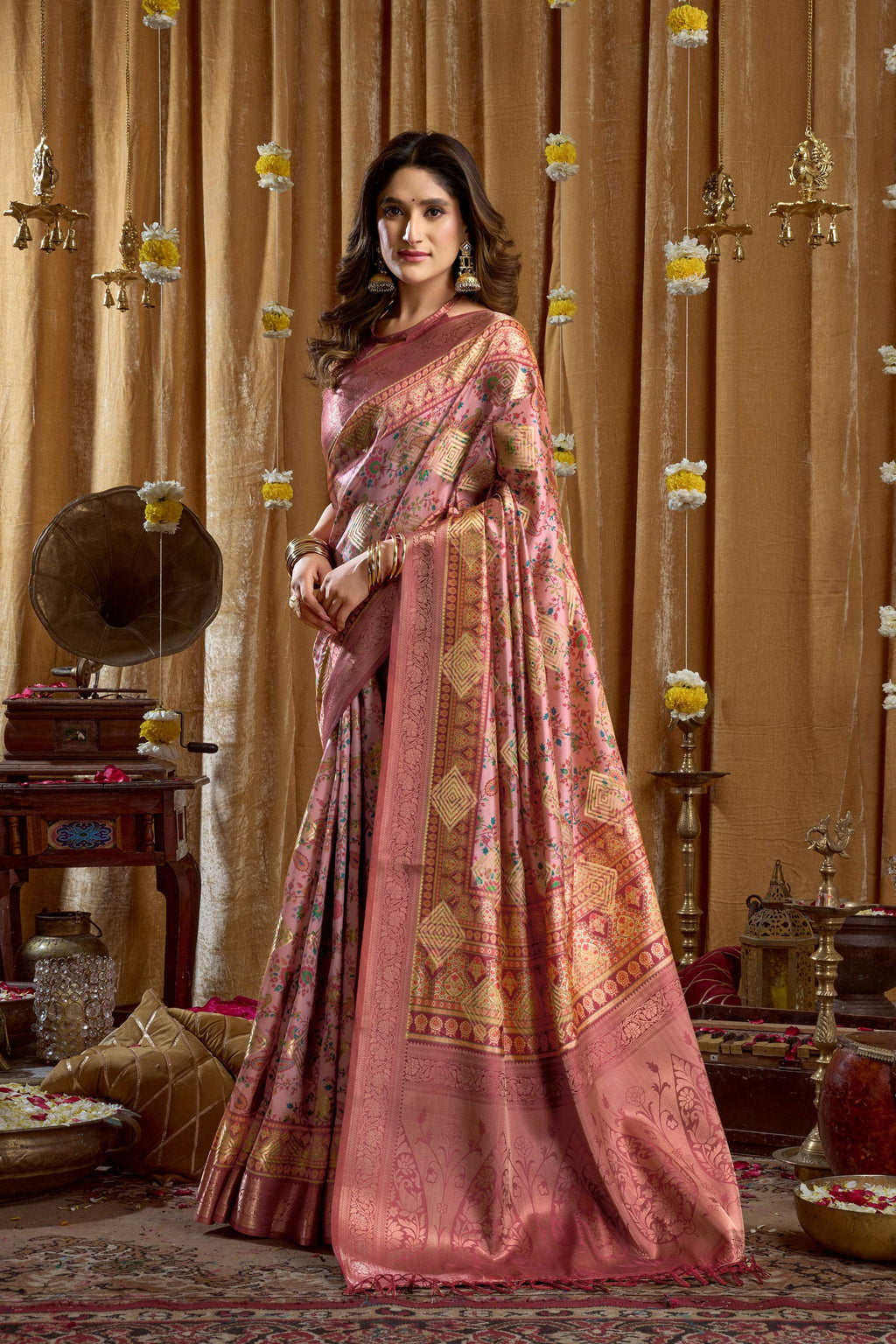 Pink Banarasi Saree with Digital Cluster Print and Tassels