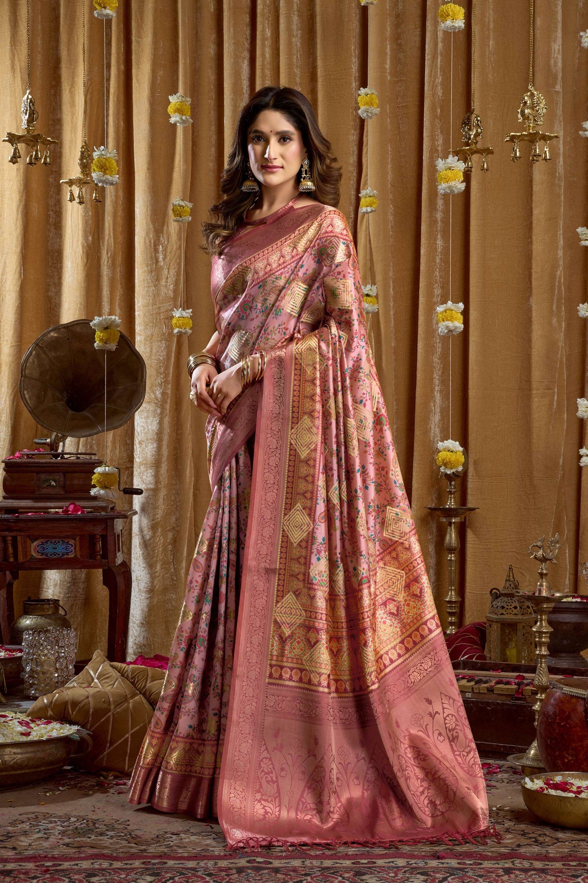 Pink Banarasi Saree with Digital Cluster Print and Tassels