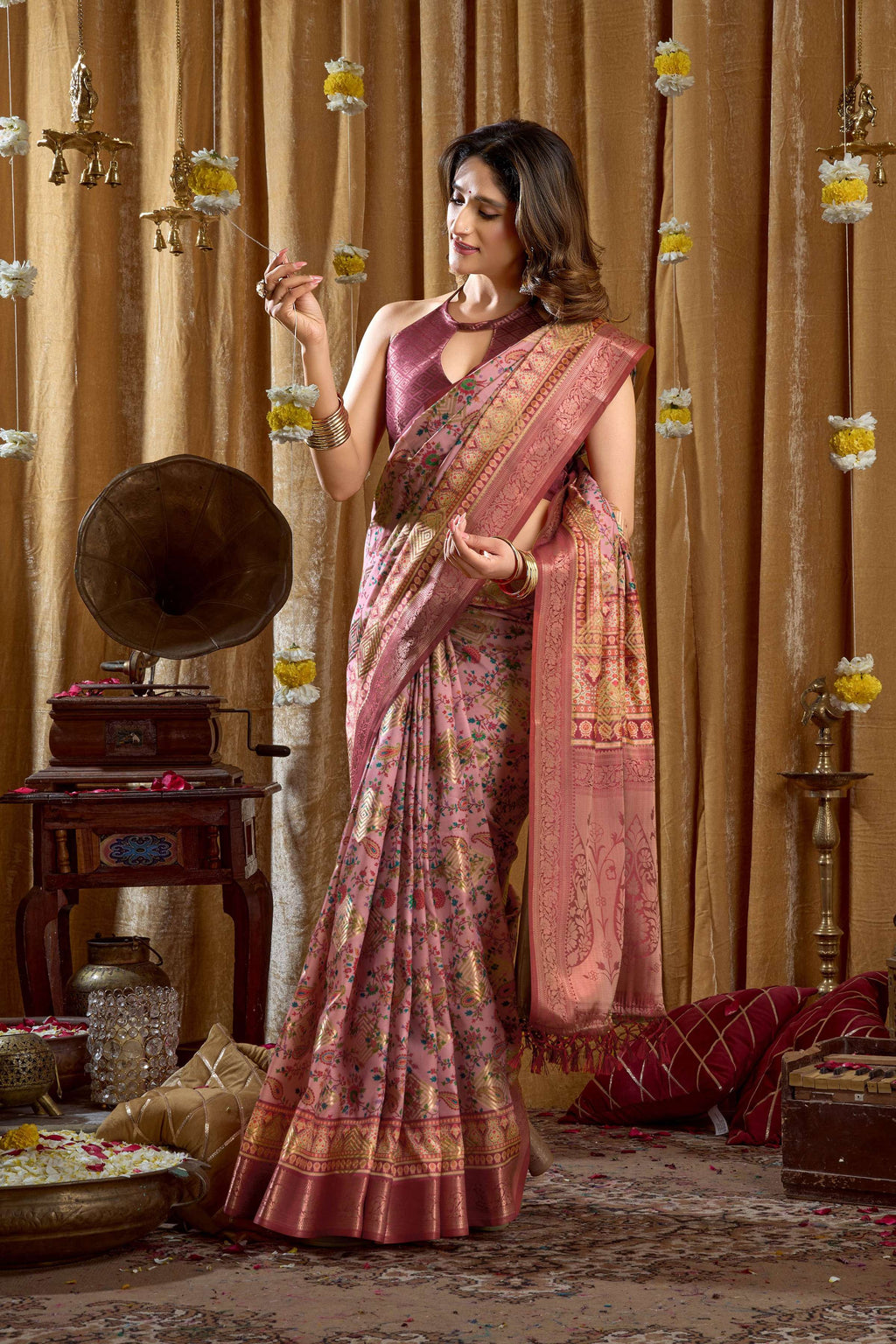 Pink Banarasi Saree with Digital Cluster Print and Tassels