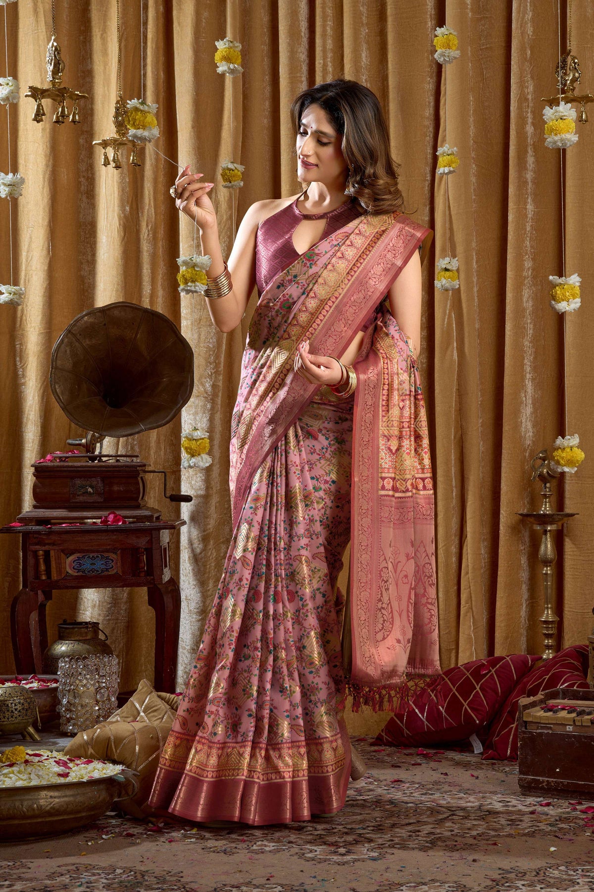 Pink Banarasi Saree with Digital Cluster Print and Tassels