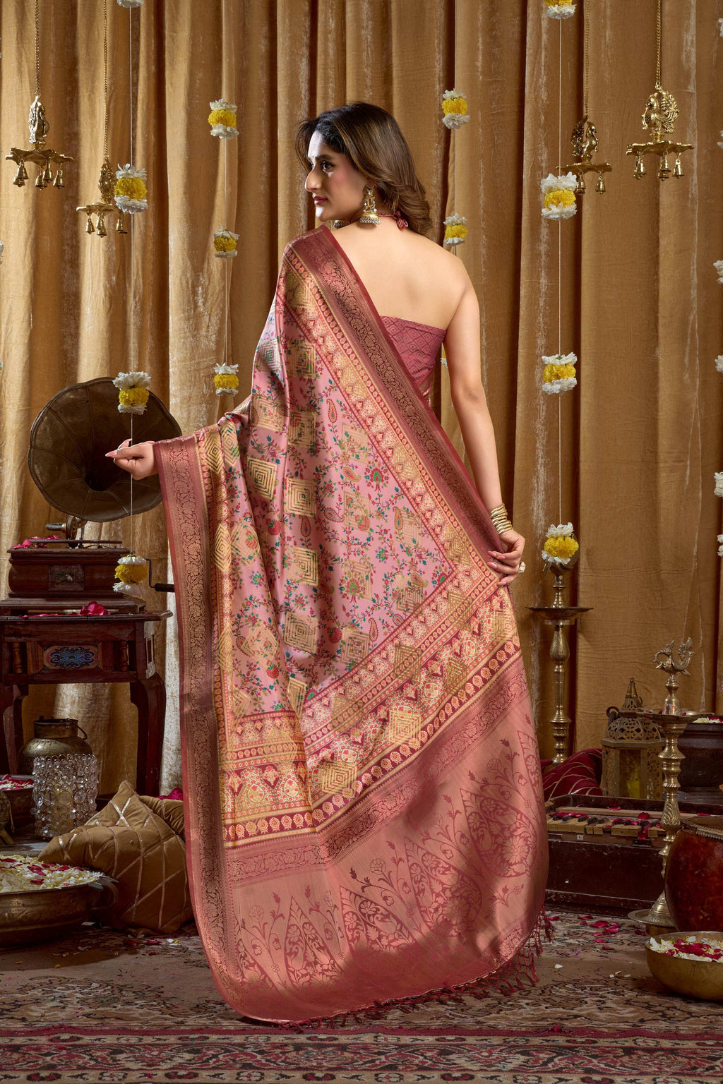 Pink Banarasi Saree with Digital Cluster Print and Tassels