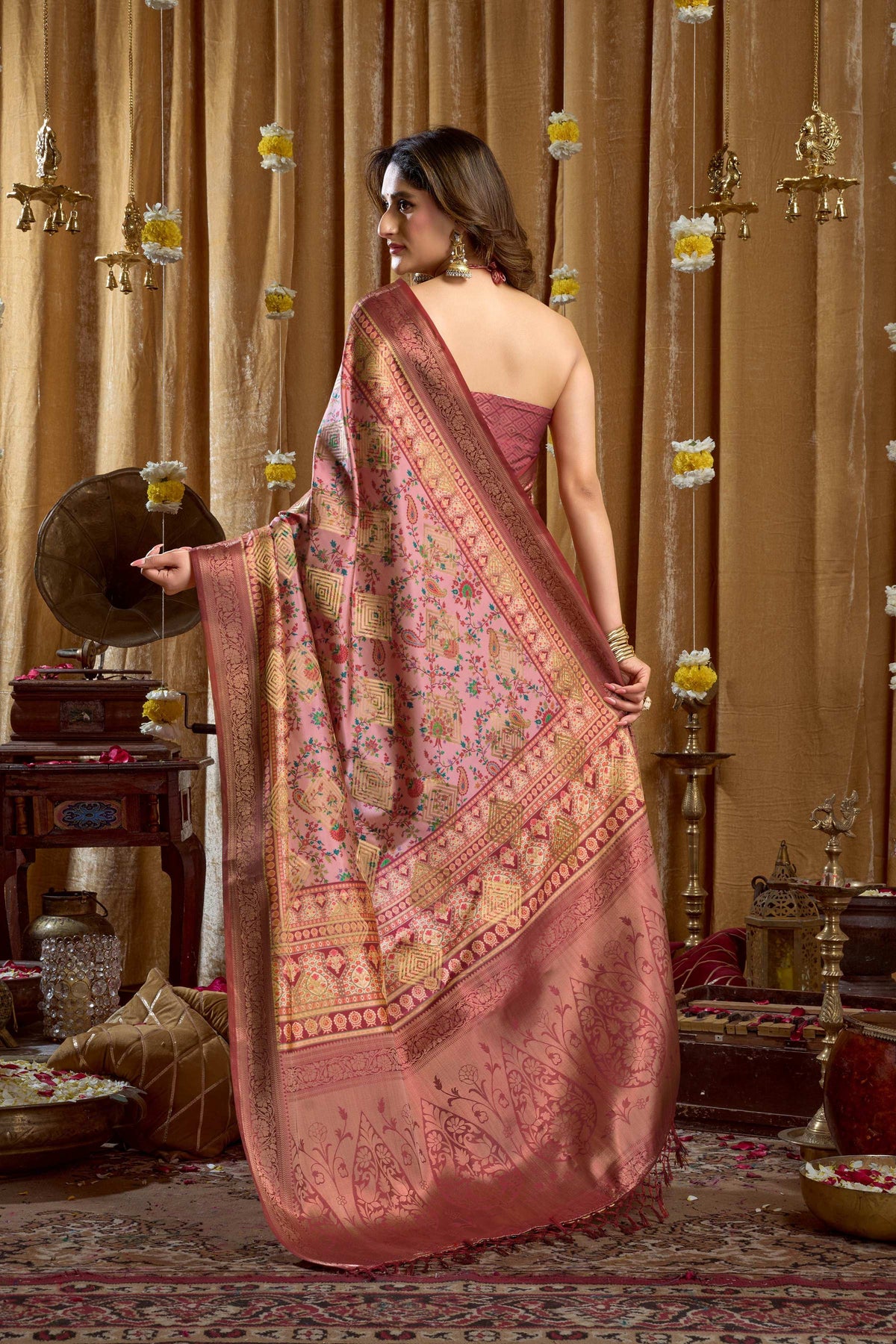 Pink Banarasi Saree with Digital Cluster Print and Tassels