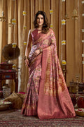 Elegant pink Banarasi saree with digital cluster print and tassel accents