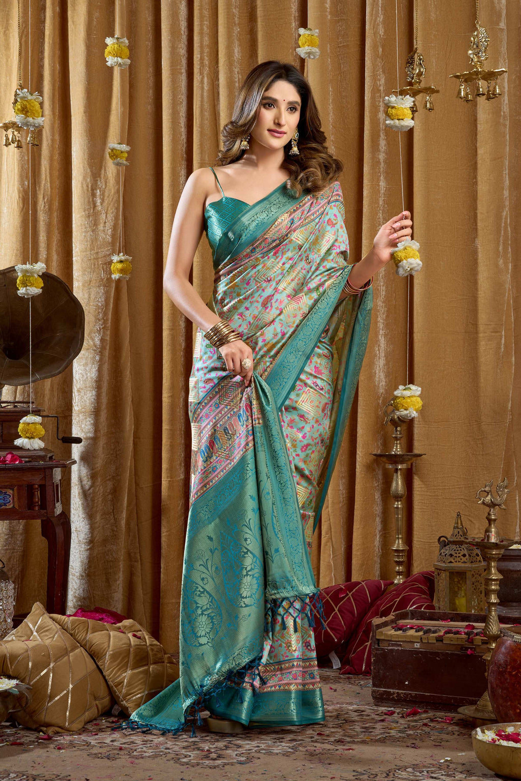 Turquoise Banarasi Saree with Digital Cluster Print & Blouse