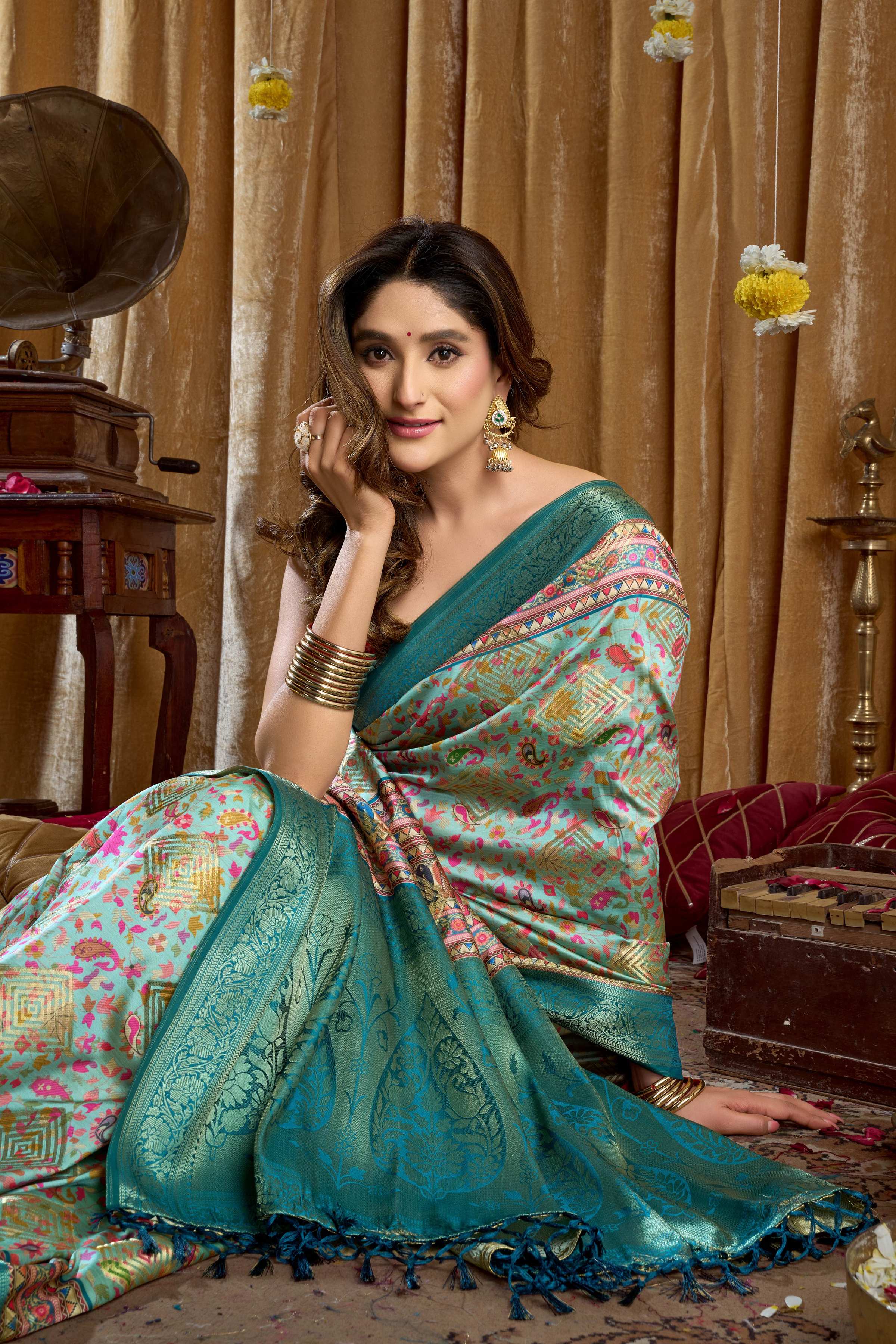 Turquoise Banarasi Saree with Digital Cluster Print & Blouse