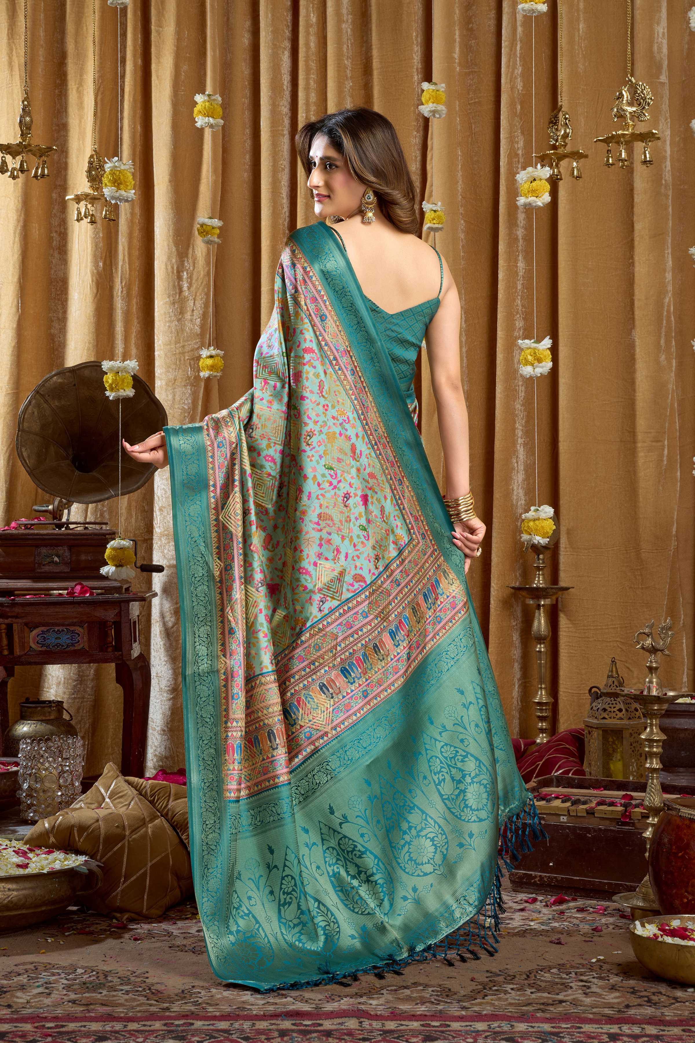 Turquoise Banarasi Saree with Digital Cluster Print & Blouse
