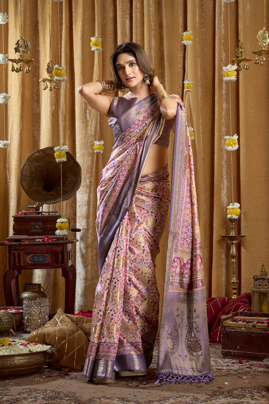 Purple Banarasi Saree with Digital Cluster Print and Blouse