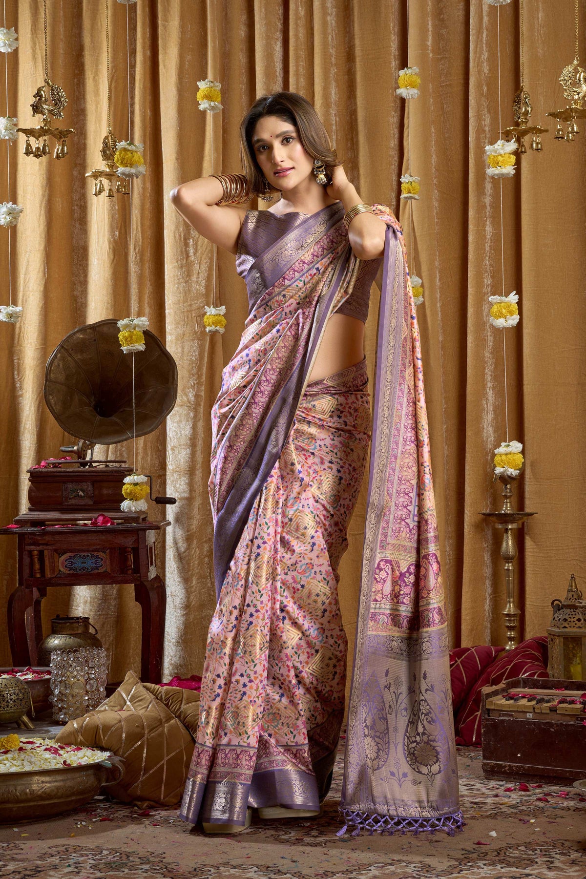 Purple Banarasi Saree with Digital Cluster Print and Blouse